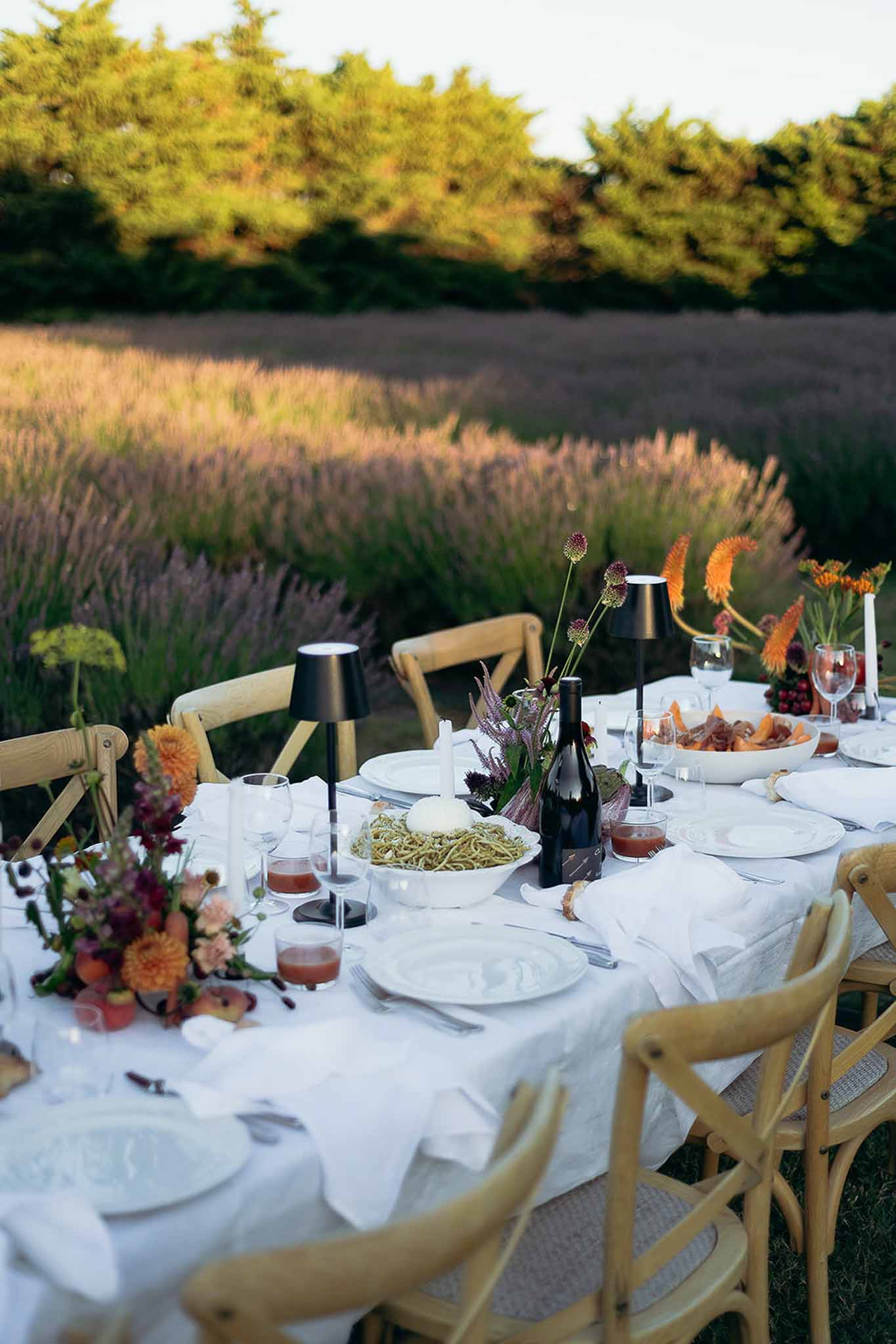 Wide tablescape view with wooden chairs set in the garden field area, Bastide des Barattes Luberon