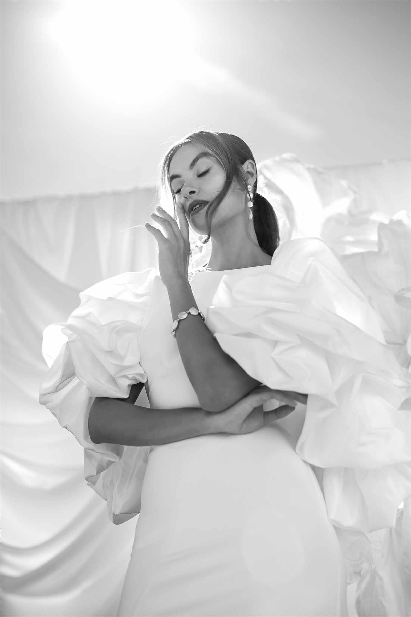 Black and white photo of bridal portrait