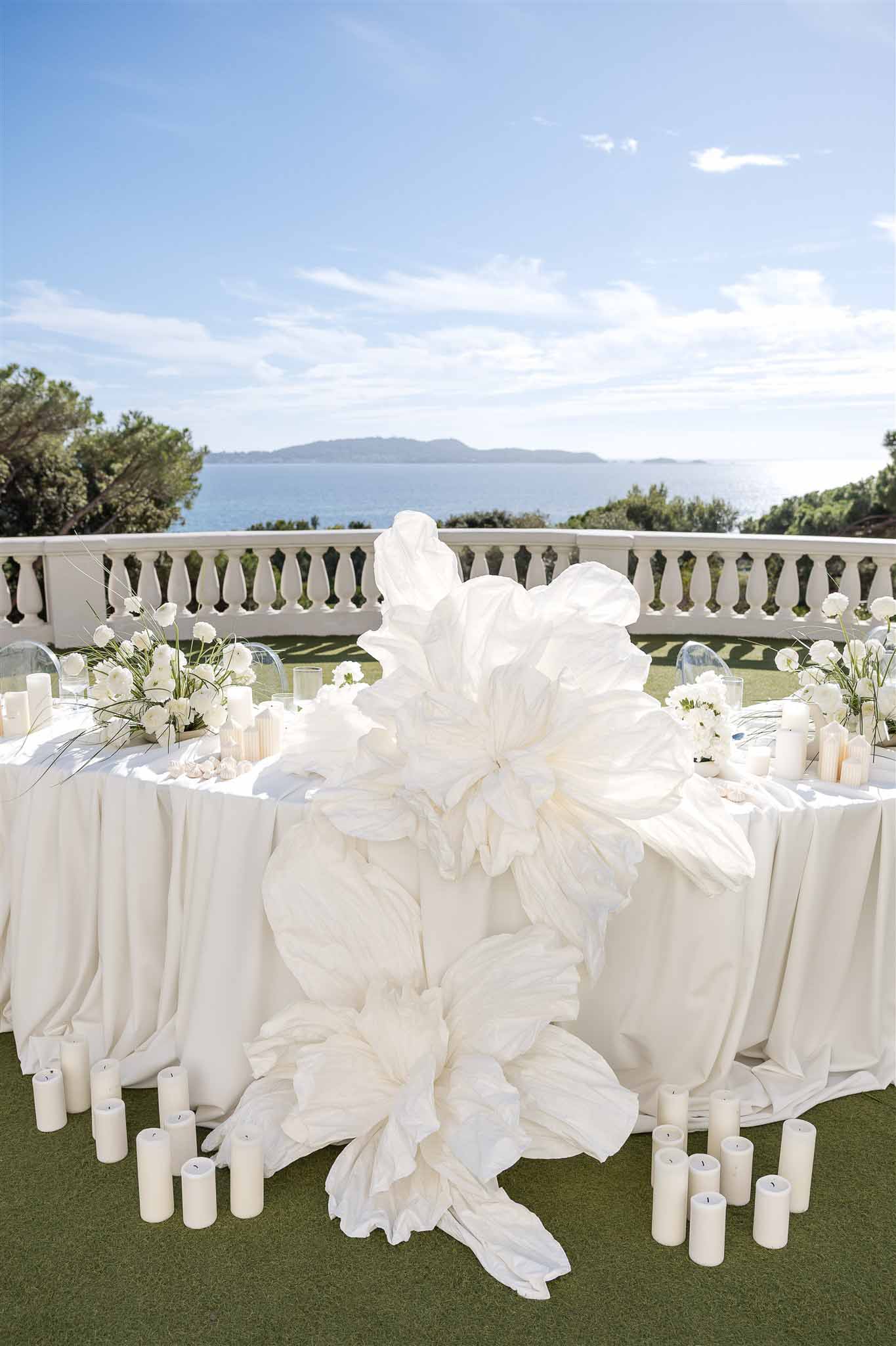 Wedding reception table setting with white roses