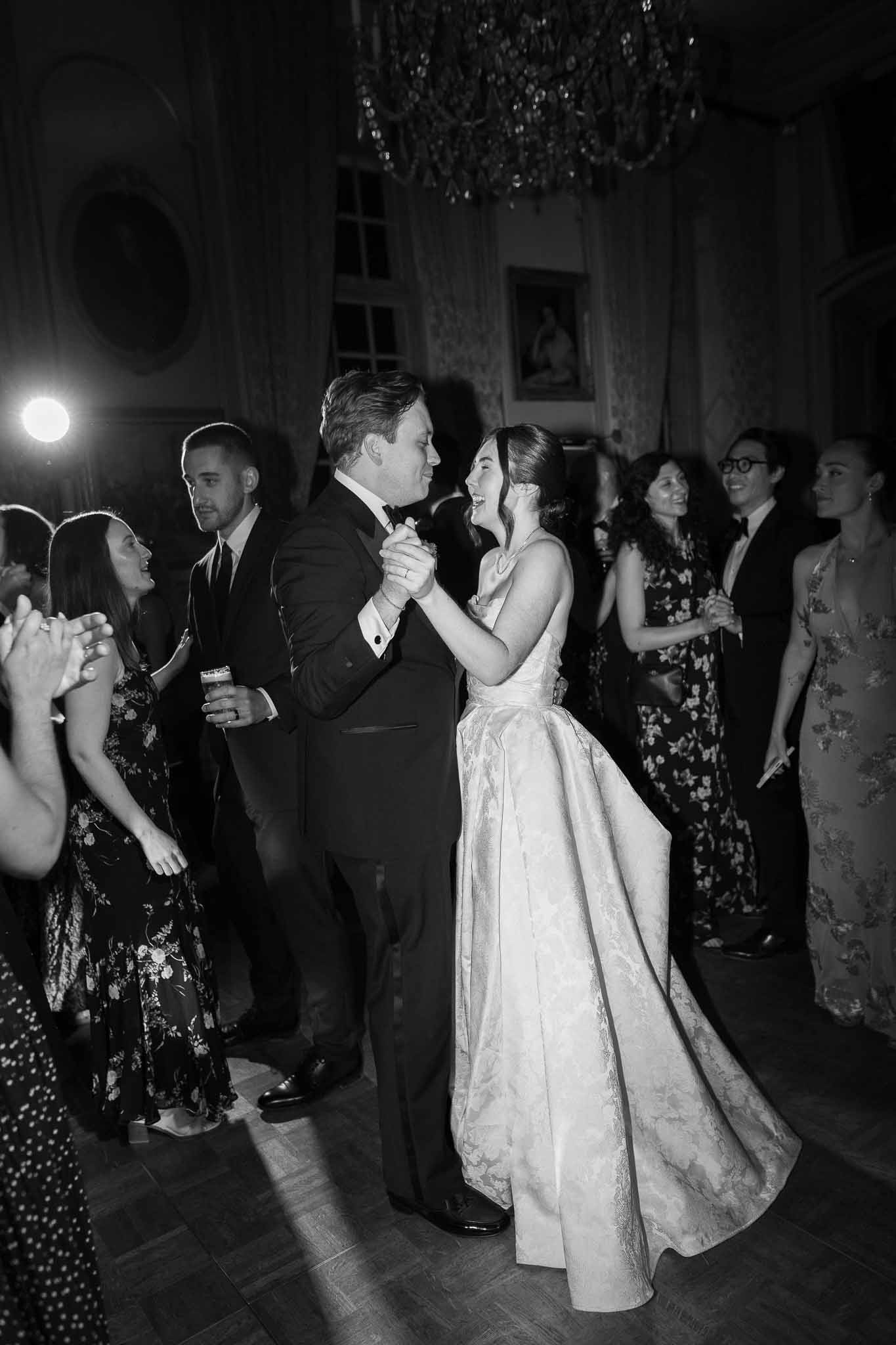 Black and white photo of wedding reception room