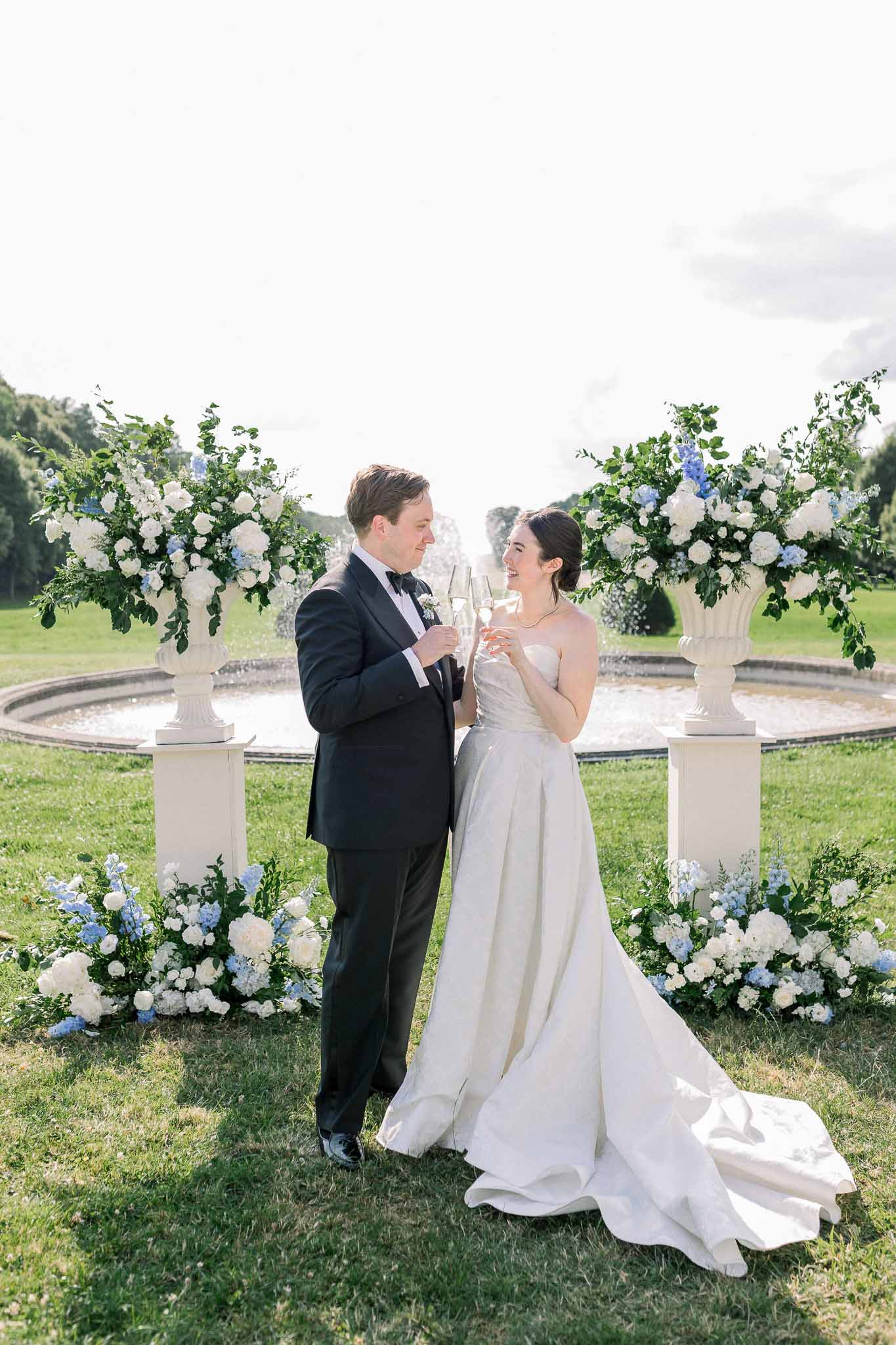 Bride and groom portrait in a garden