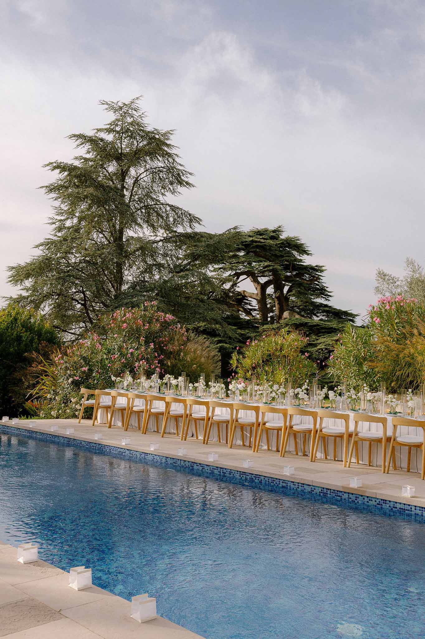Long white table with glass cylinder vases and florals beside pool with cedar trees and oleander