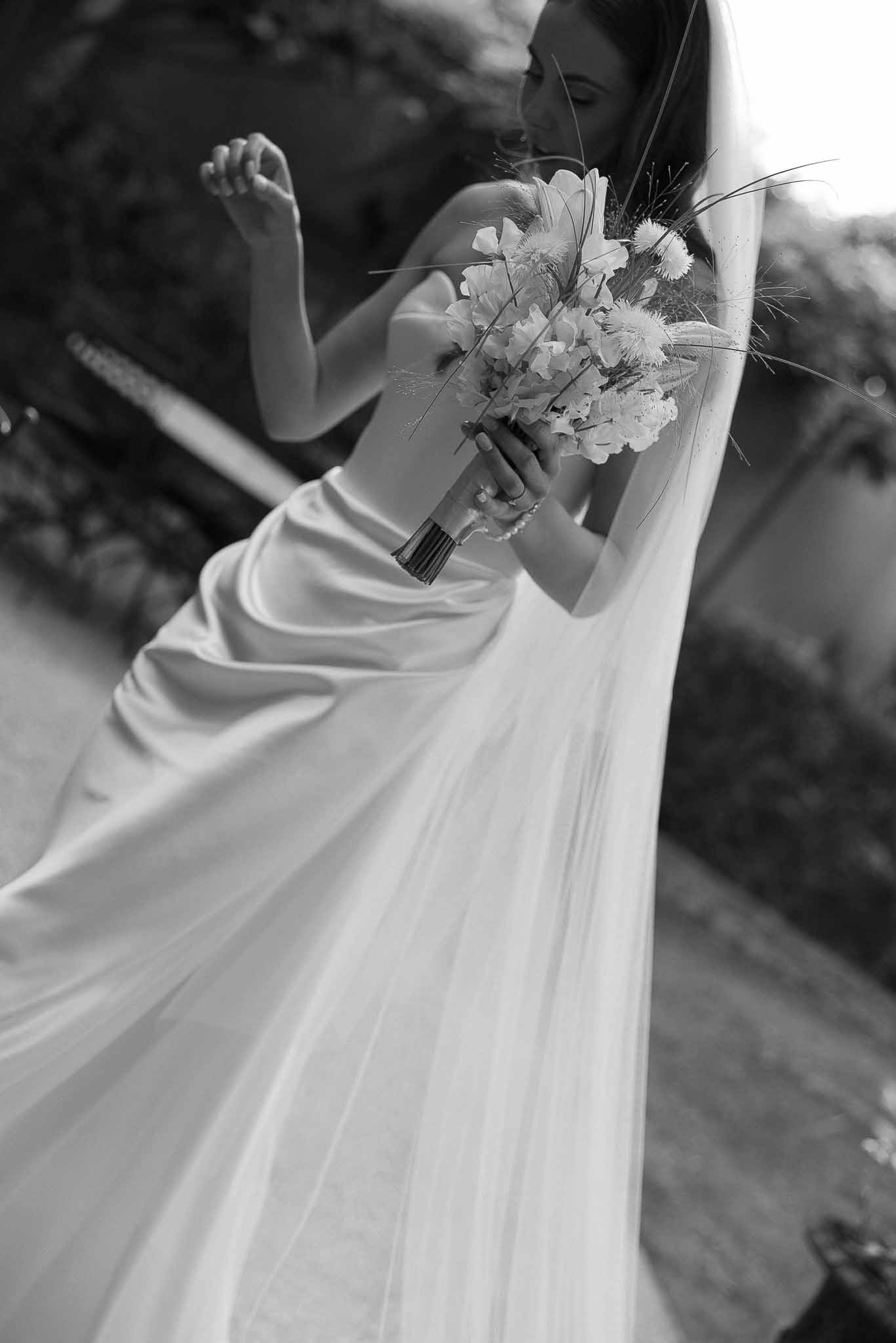 Black and white photo of bridal portrait