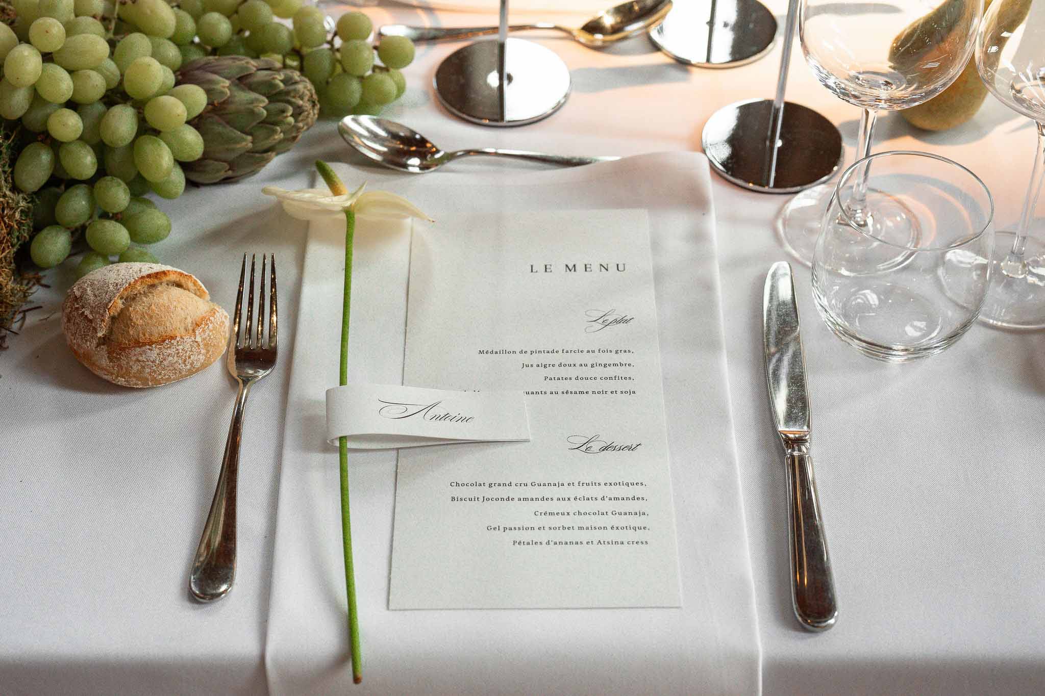 Wedding reception table setting in the French countryside