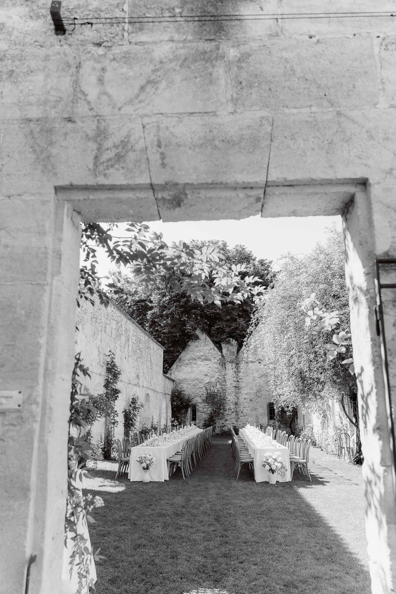 Black and white photo of wedding ceremony setup