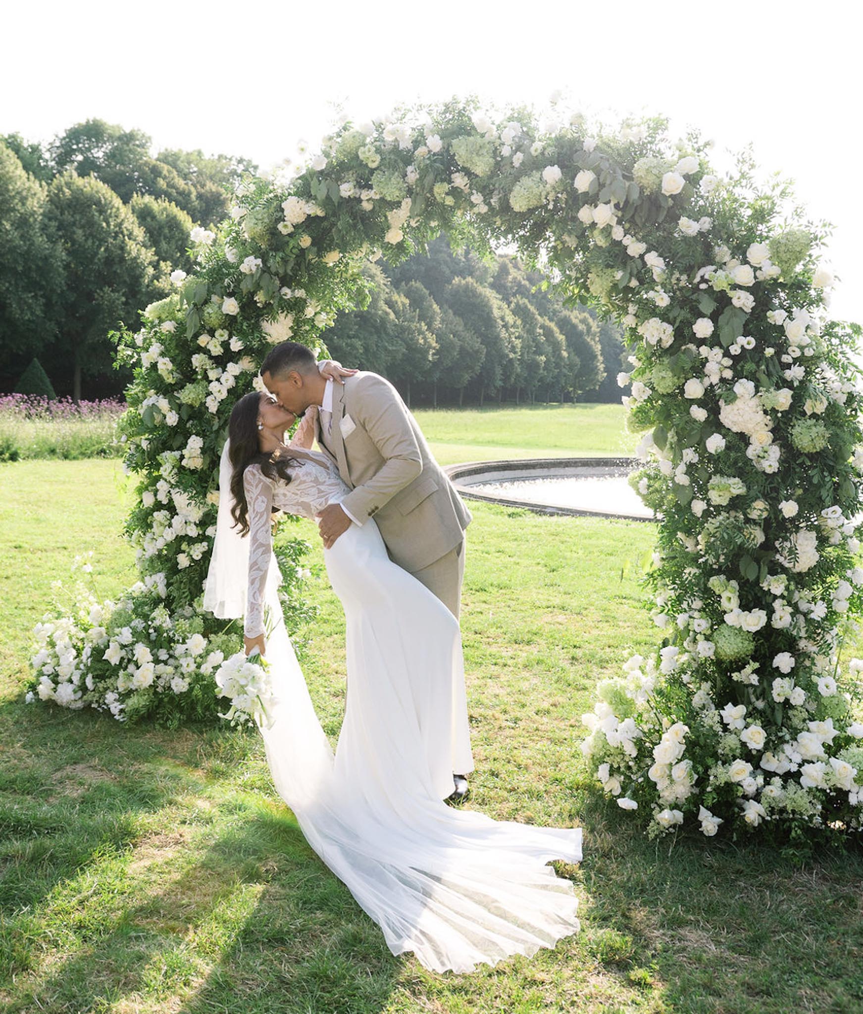 Ivory Roses and a Champagne Tower at Chateau de Champlatreux, Ile-de-France