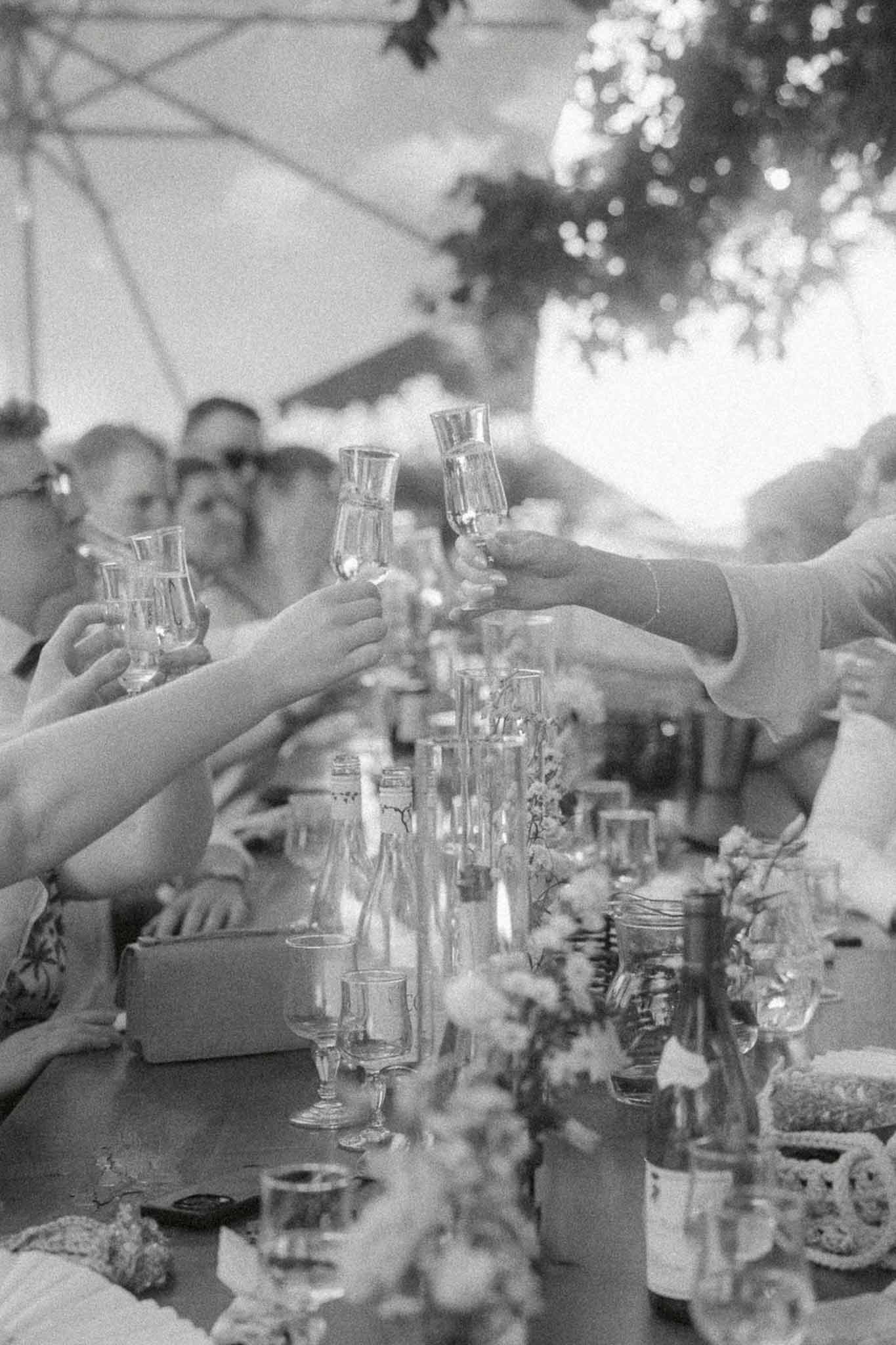 Guests raise digestif glasses in toast over wine-filled reception table with film grain quality in B&W