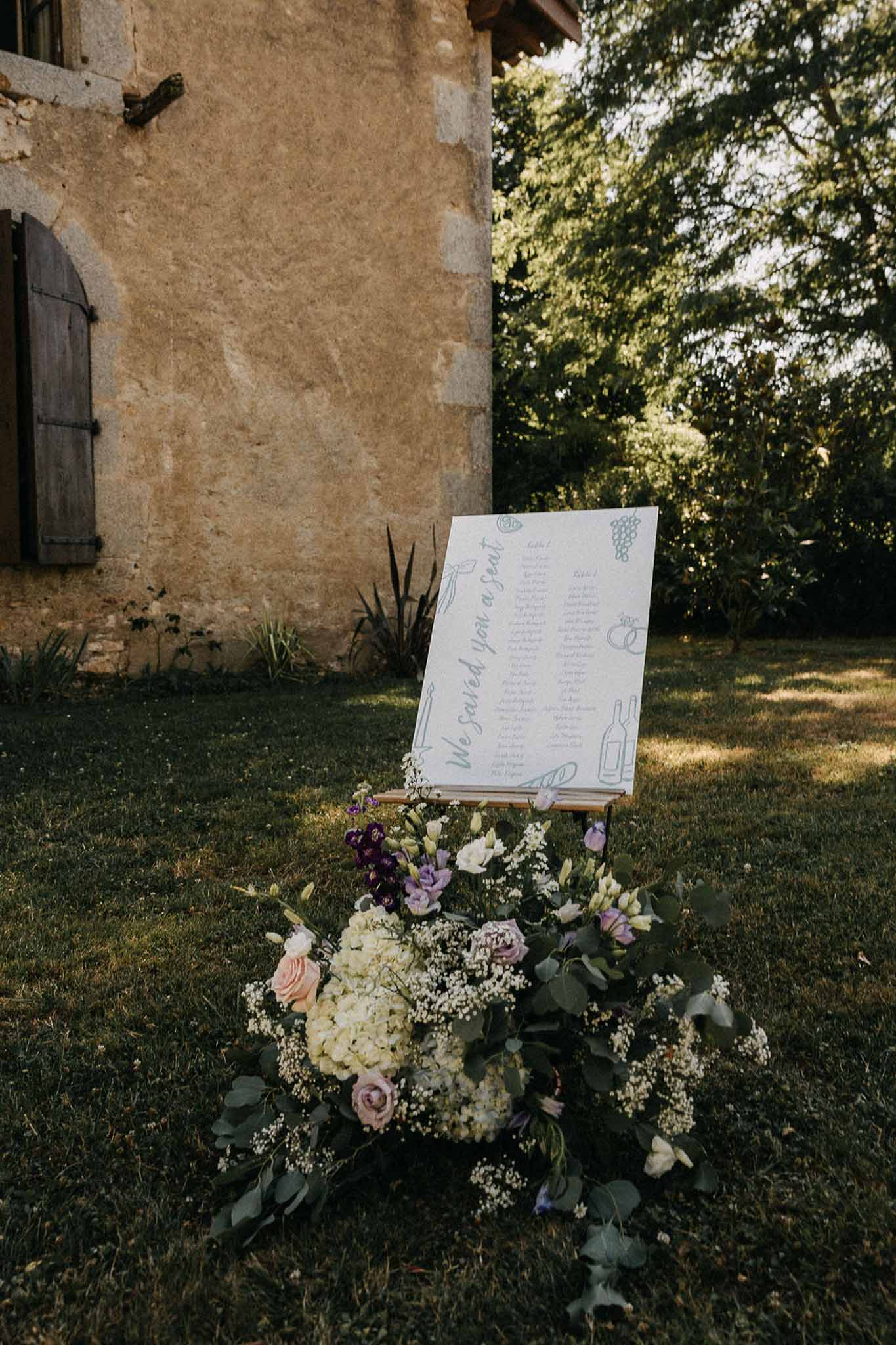 Wooden easel seating chart with teal script and cream hydrangea, blush rose, and lavender arrangement at base