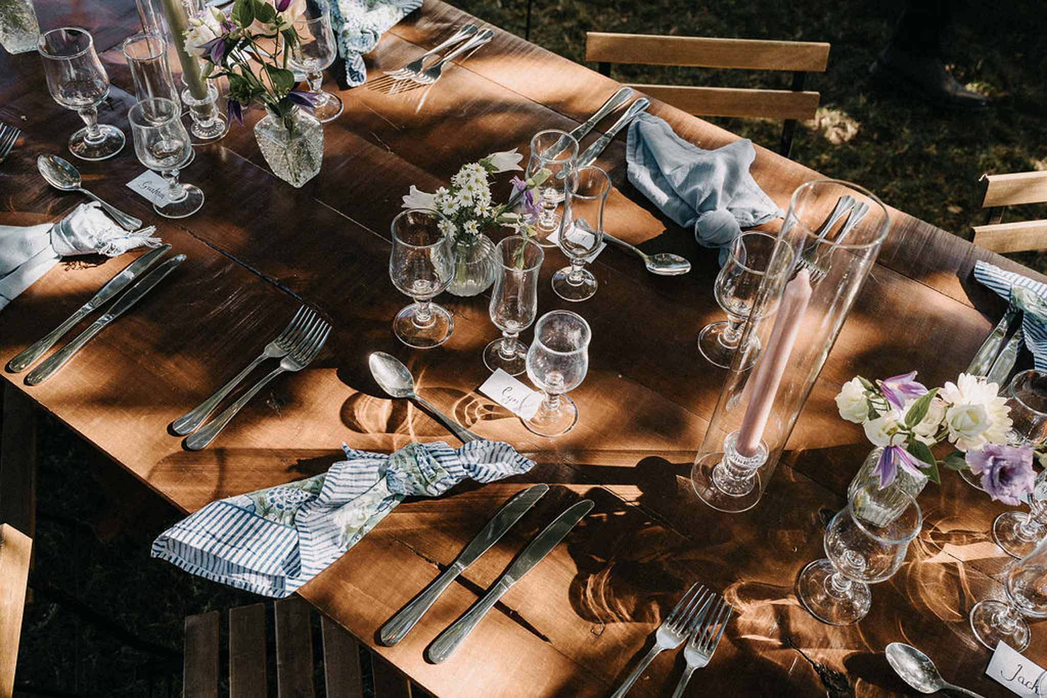 Wedding reception table setting in a garden