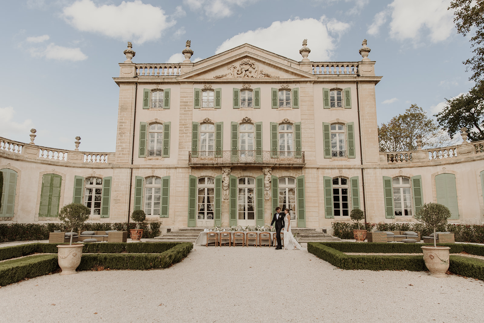 Sculptural Florals and Halter Gown Elegance at Chateau de Tourreau, Provence