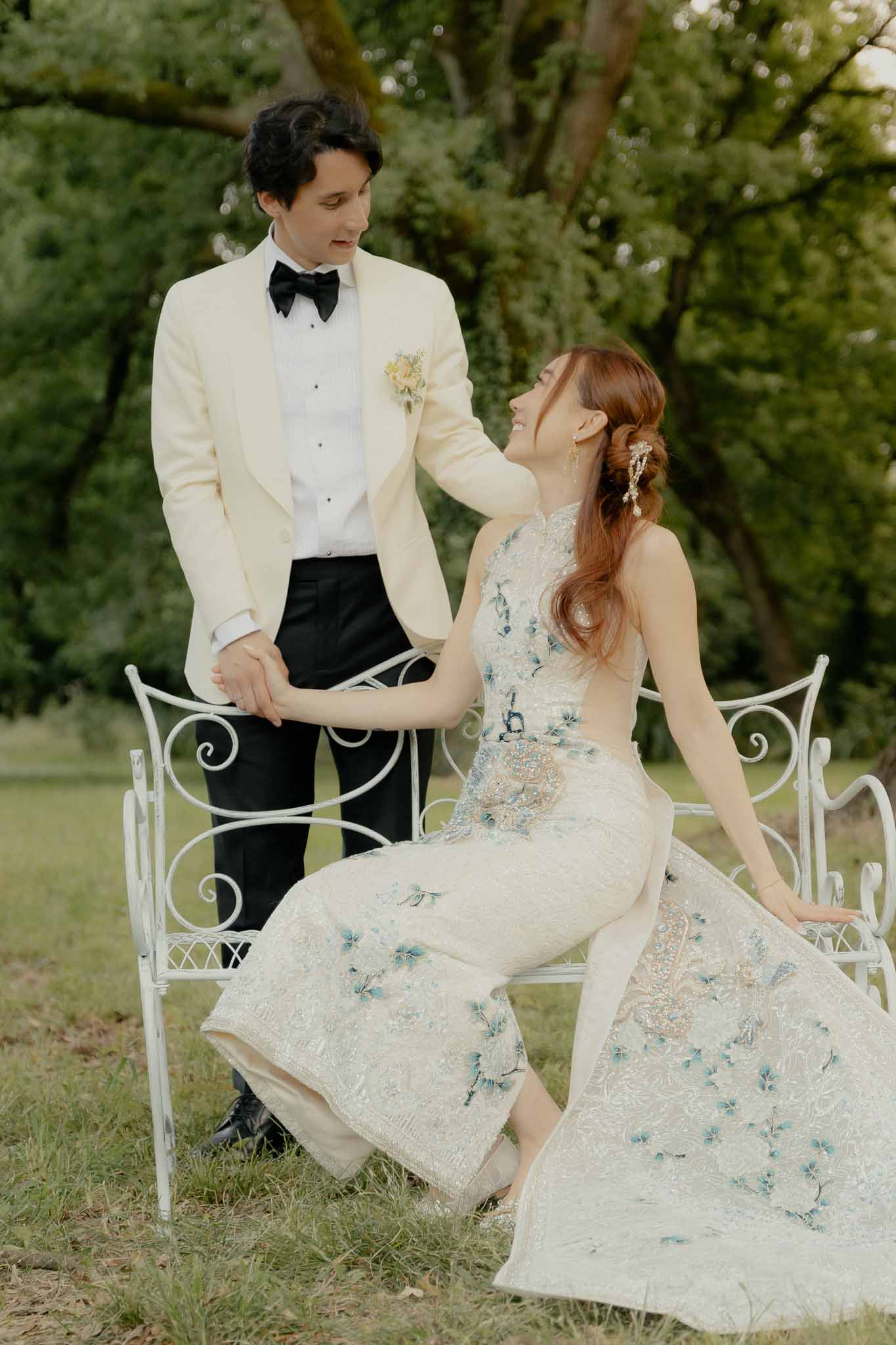 Bride and groom portrait in a garden