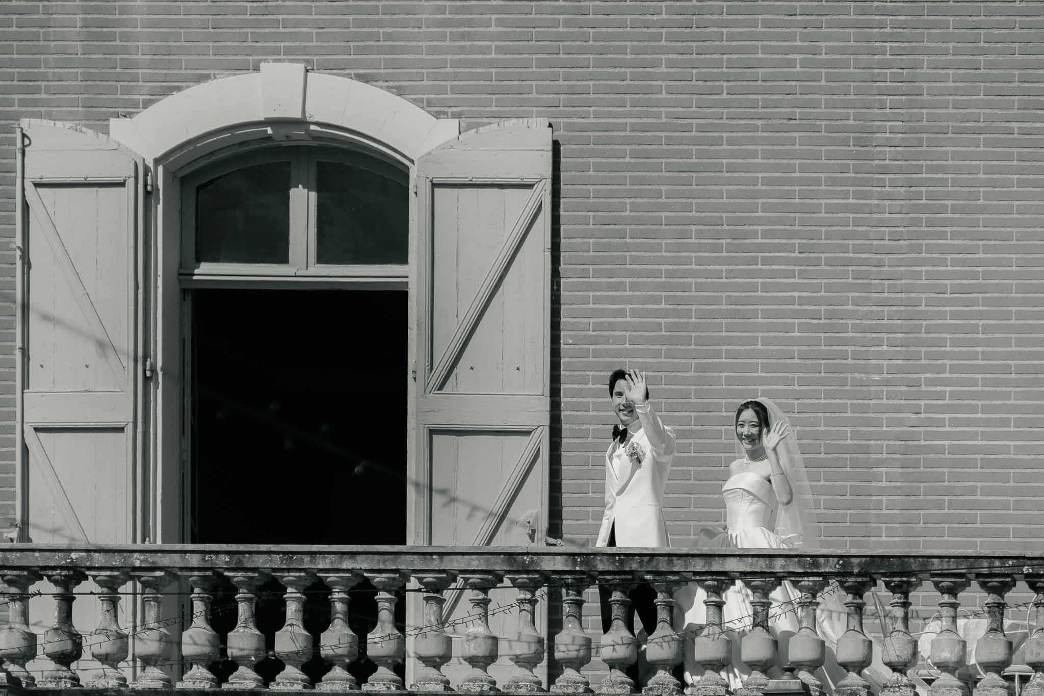 Black and white photo of bride and groom portrait