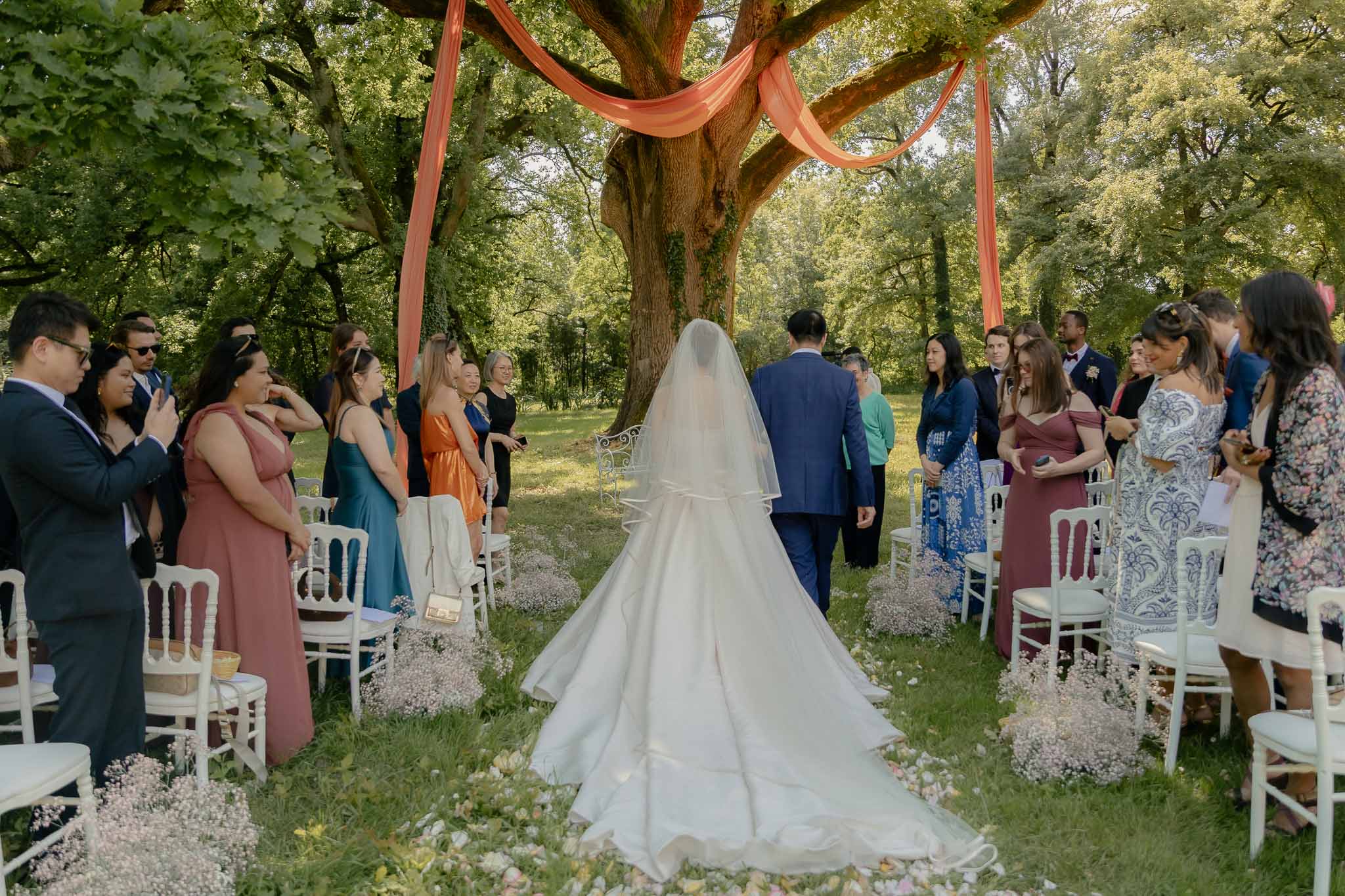 Bride in ivory ballgown with cathedral veil and groom walk toward oak tree draped in coral fabric