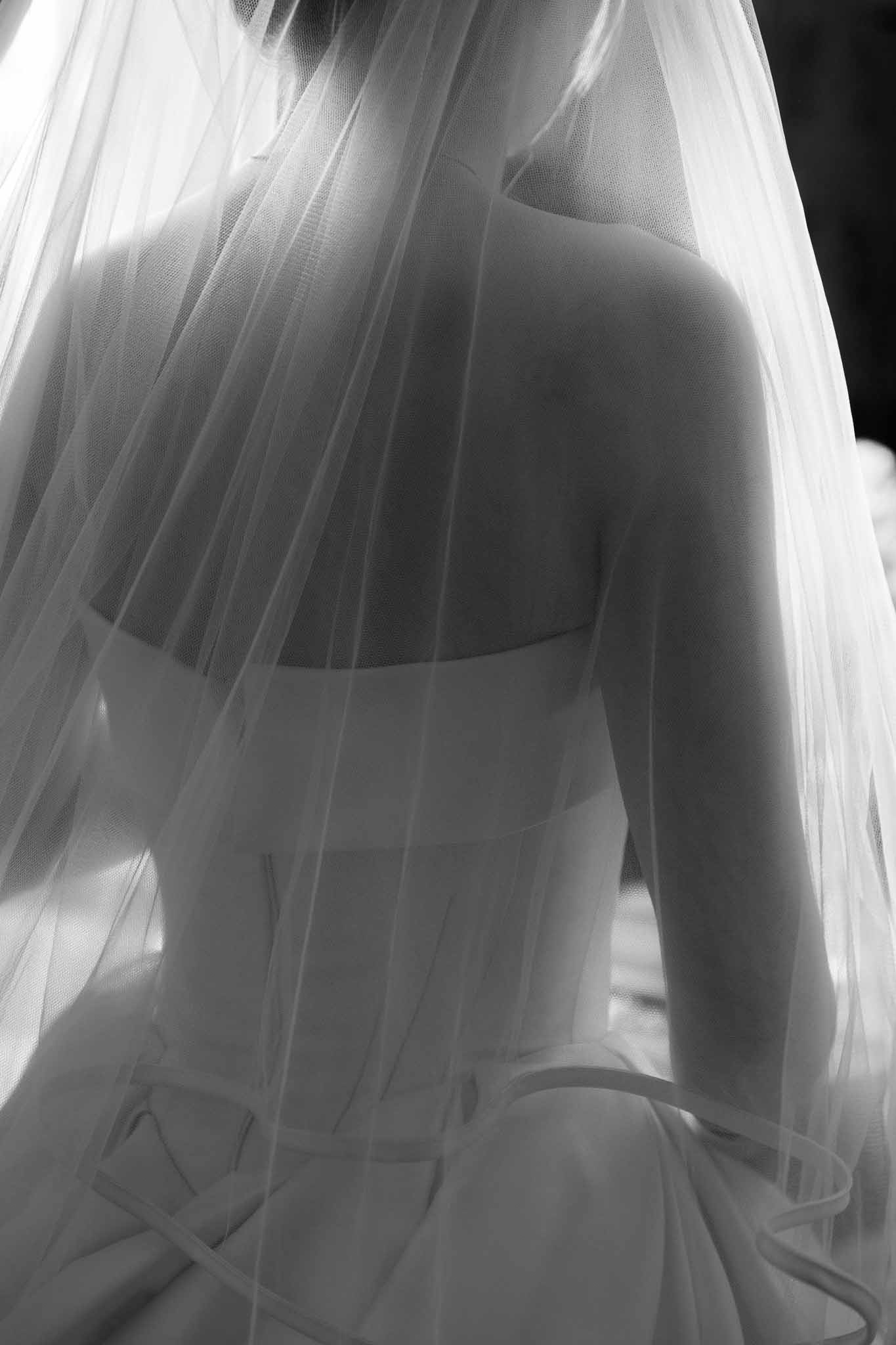 Black and white bride from behind with tulle veil cascading over strapless corset gown dramatic backlit silhouette