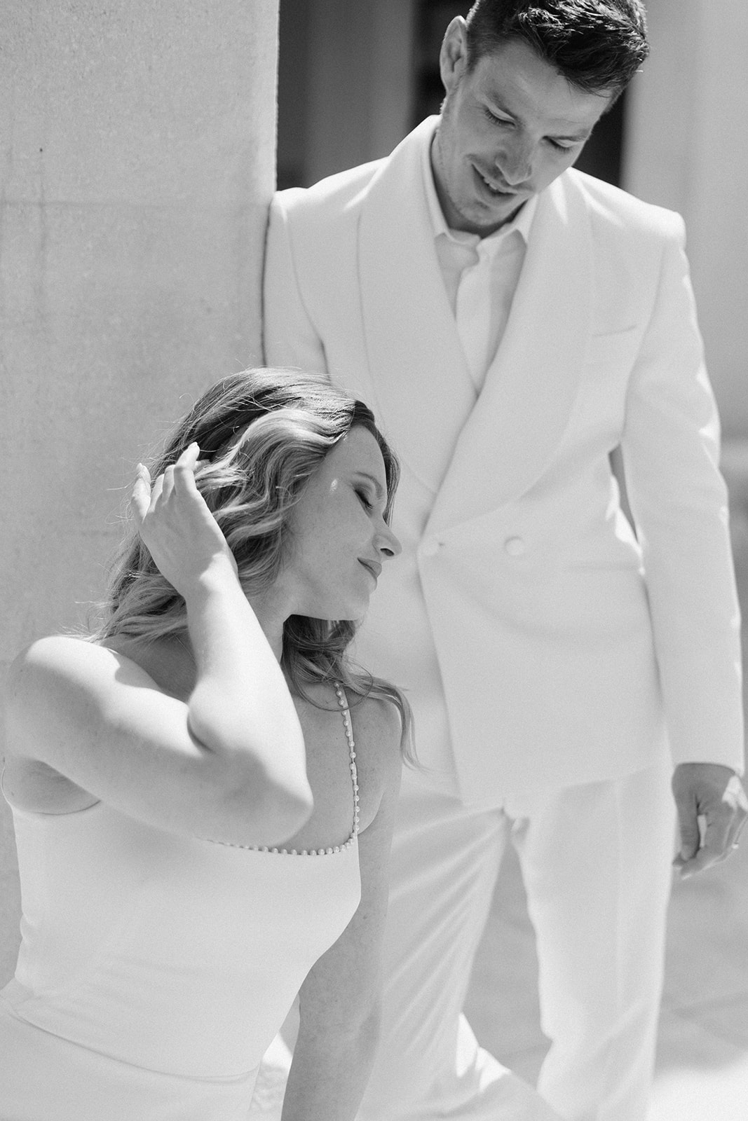 Black and white photo of bride and groom portrait