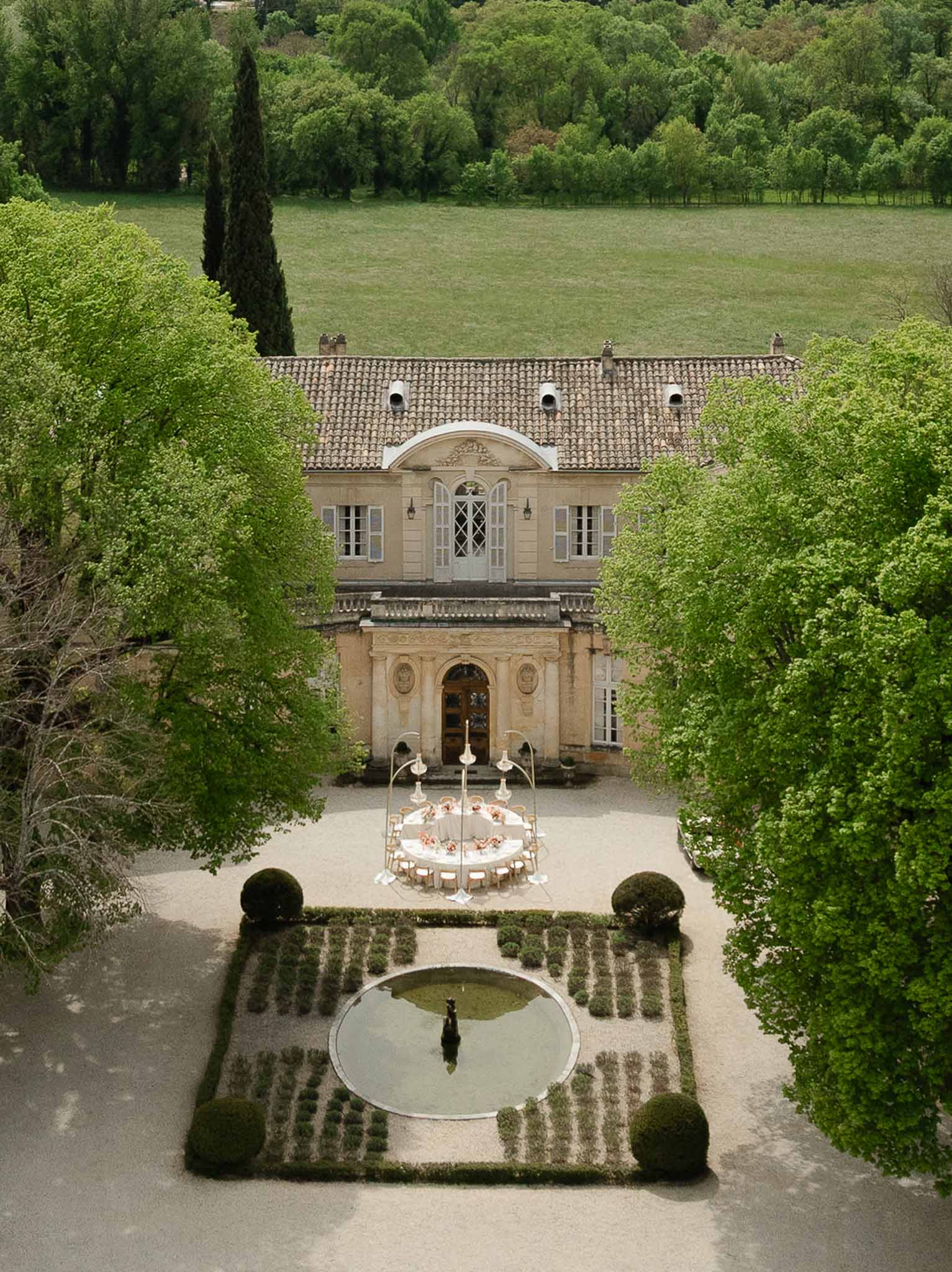 Aerial view of Château Martinay garden with fountain, Provence