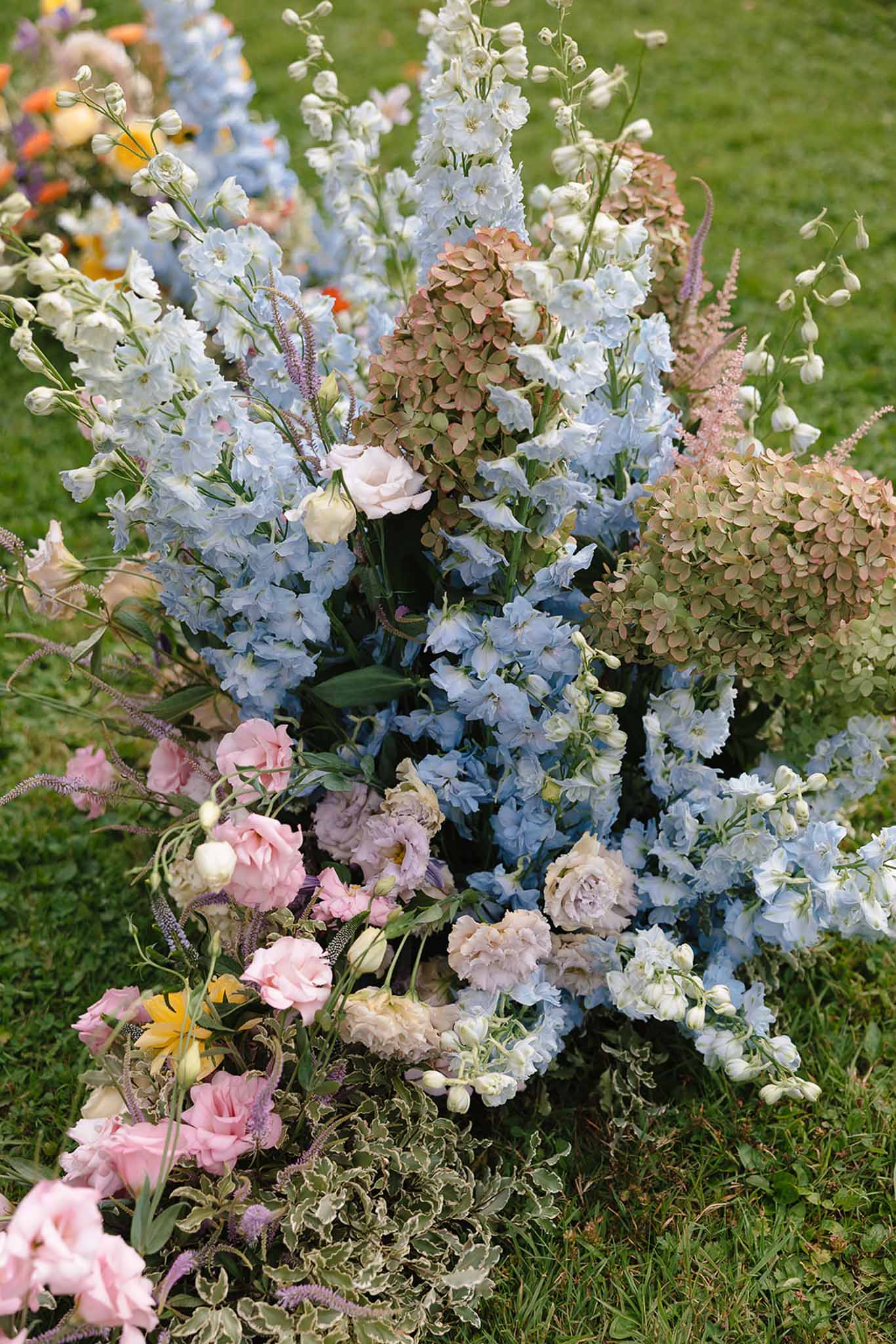 Abundant ceremony aisle florals with powder blue delphiniums, dusty rose hydrangeas, and peach roses