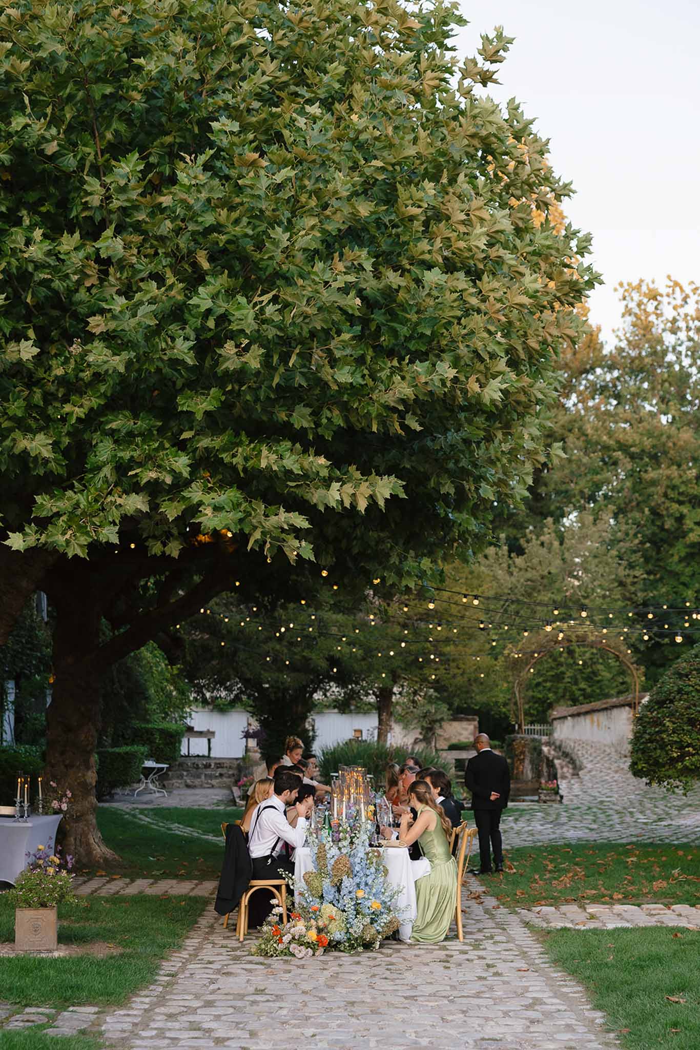 Wedding reception table setting in a garden