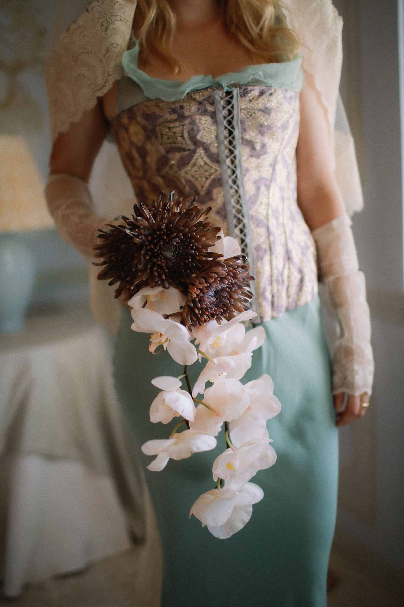 Close-up of white orchid bouquet at Chateau St Victor Lacoste