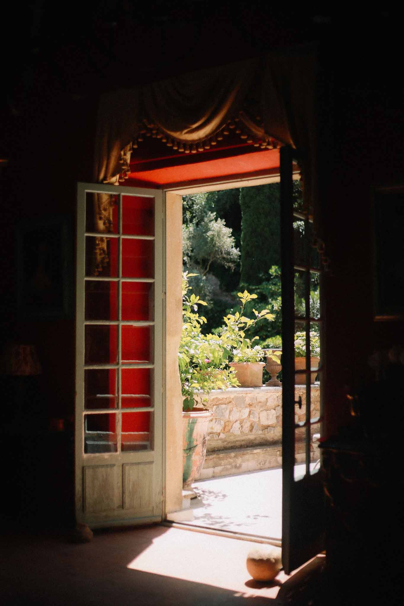 Chateau entrance doorway at golden hour at Chateau St Victor Lacoste
