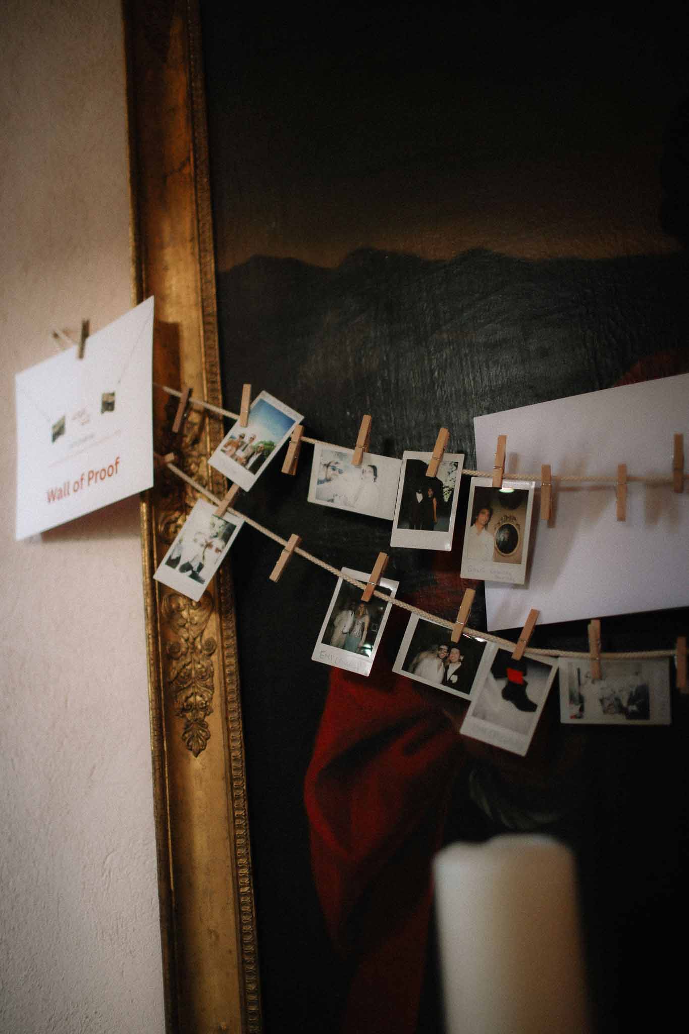 Vintage photo wall with couple portraits inside Chateau St Victor Lacoste