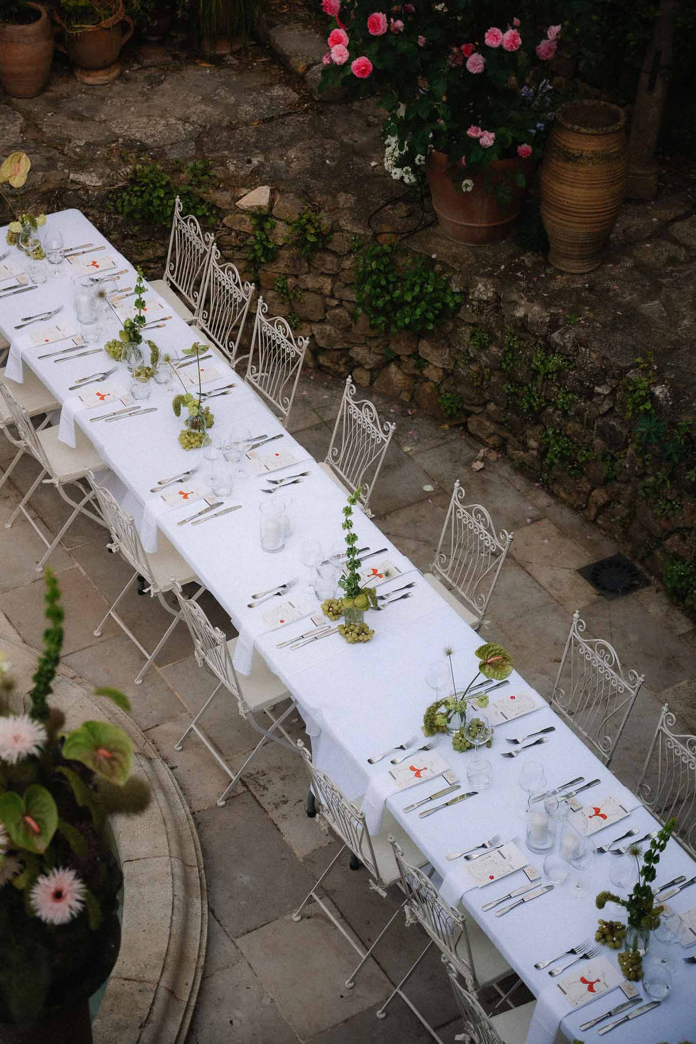 Overhead view of reception table at Chateau St Victor Lacoste