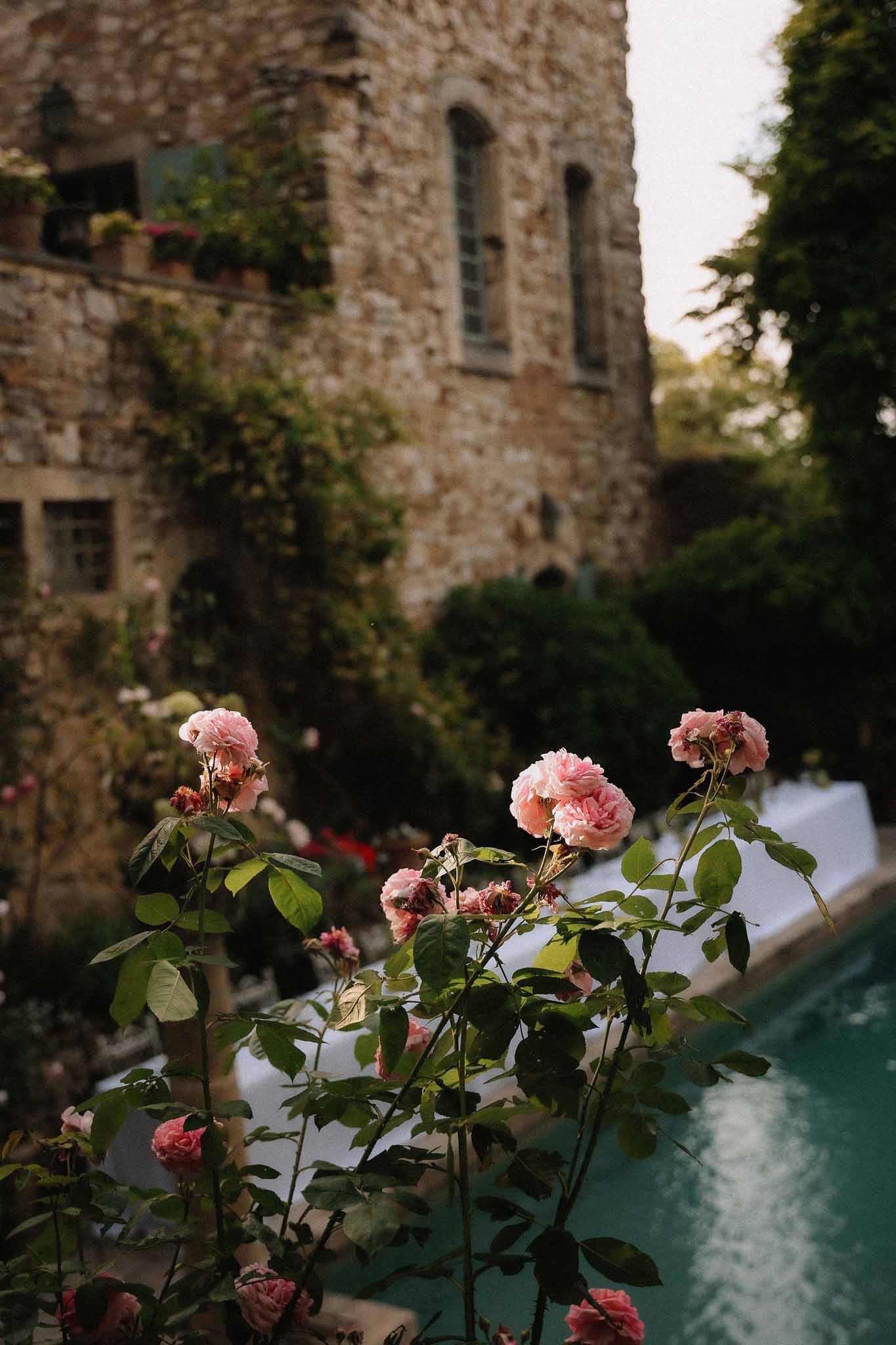 Pool and flower arrangements at Chateau St Victor Lacoste