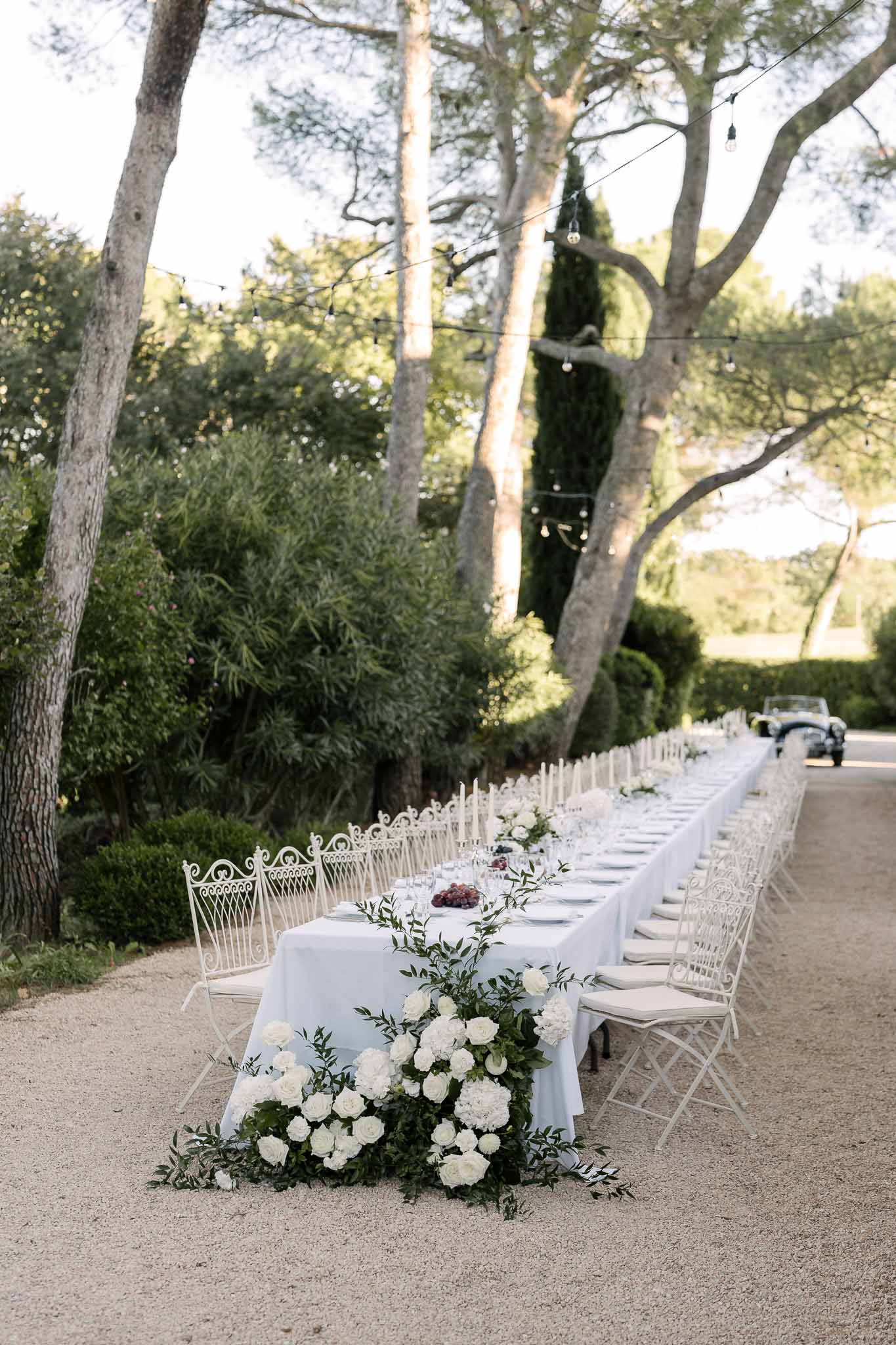 Wedding reception table setting with hydrangeas