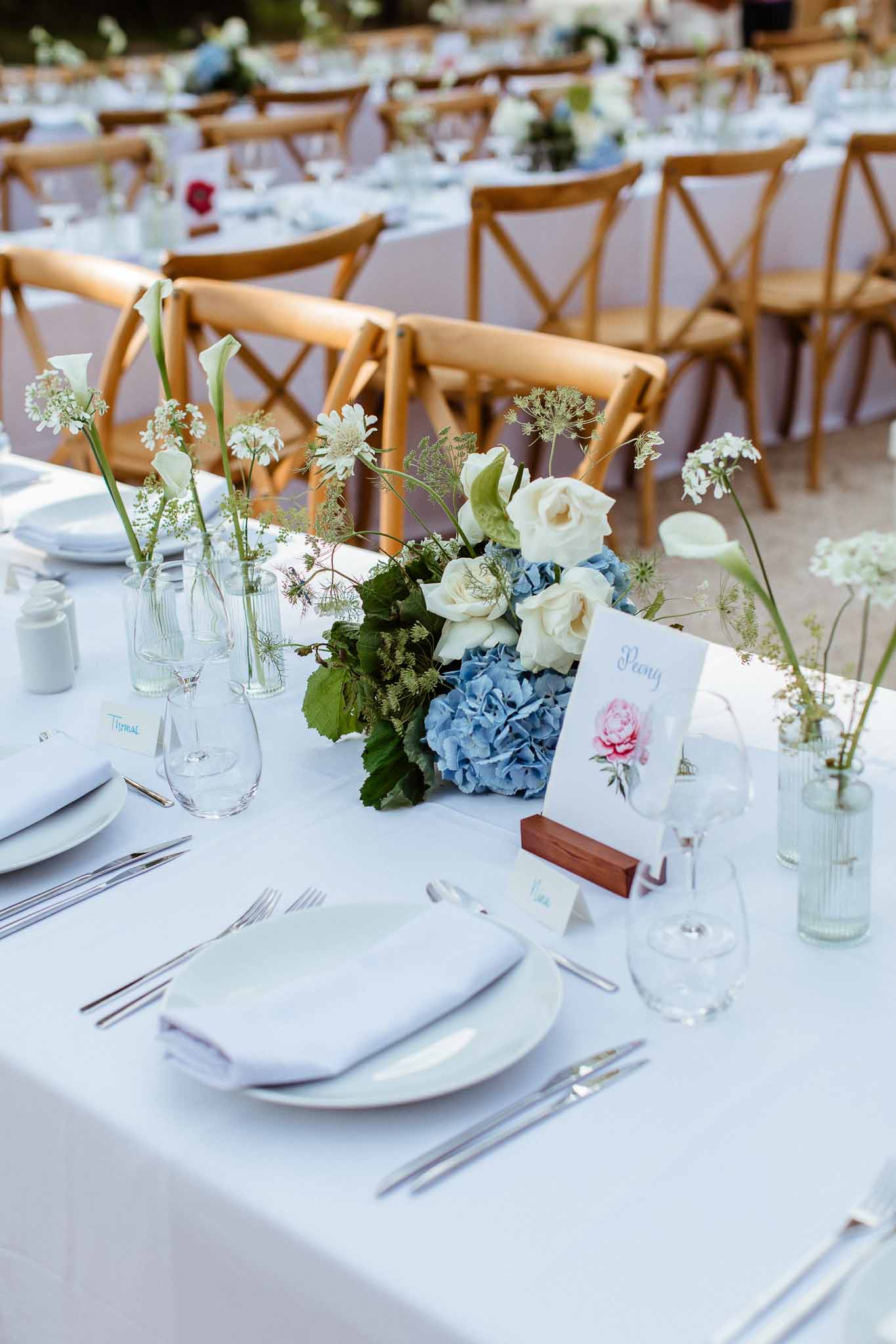 Outdoor reception table with blue hydrangeas, cream roses, white calla lilies, and botanical table name card