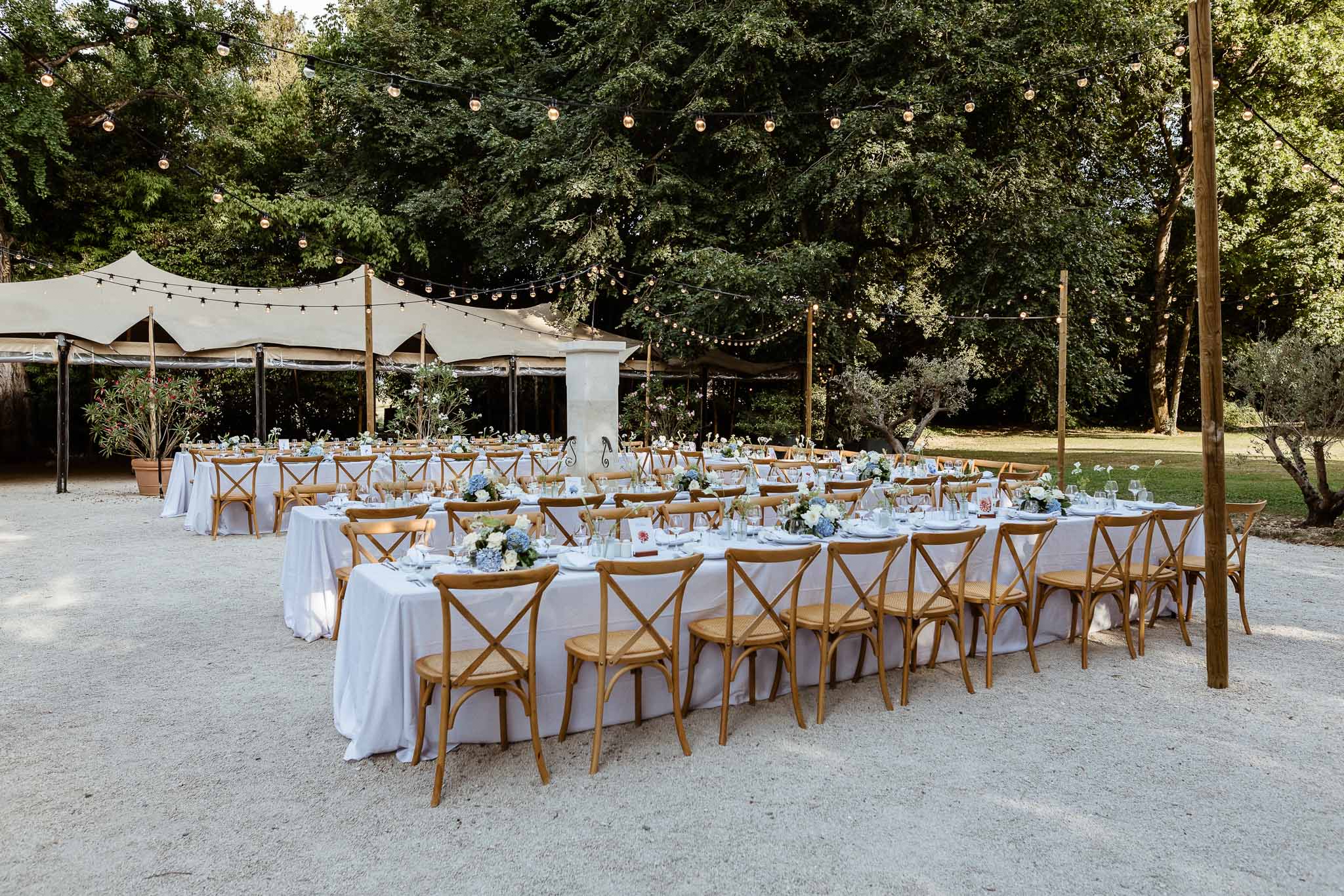 Outdoor reception with long white linen tables, blue hydrangea centerpieces, cross-back chairs, and globe string lights