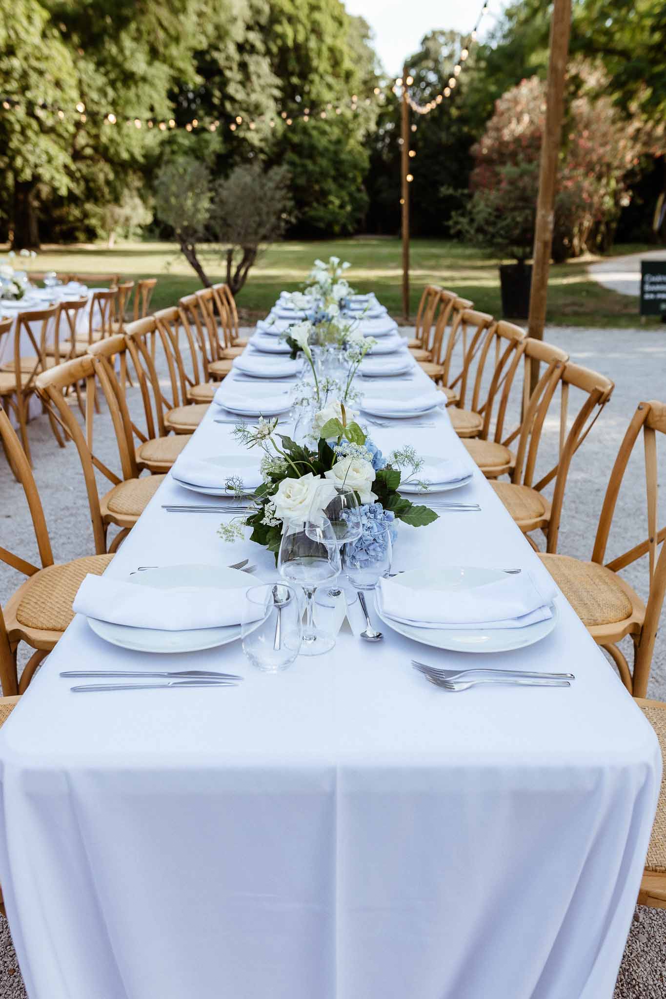 Outdoor reception table with white roses, pale blue hydrangeas, cross-back chairs, and globe string lights