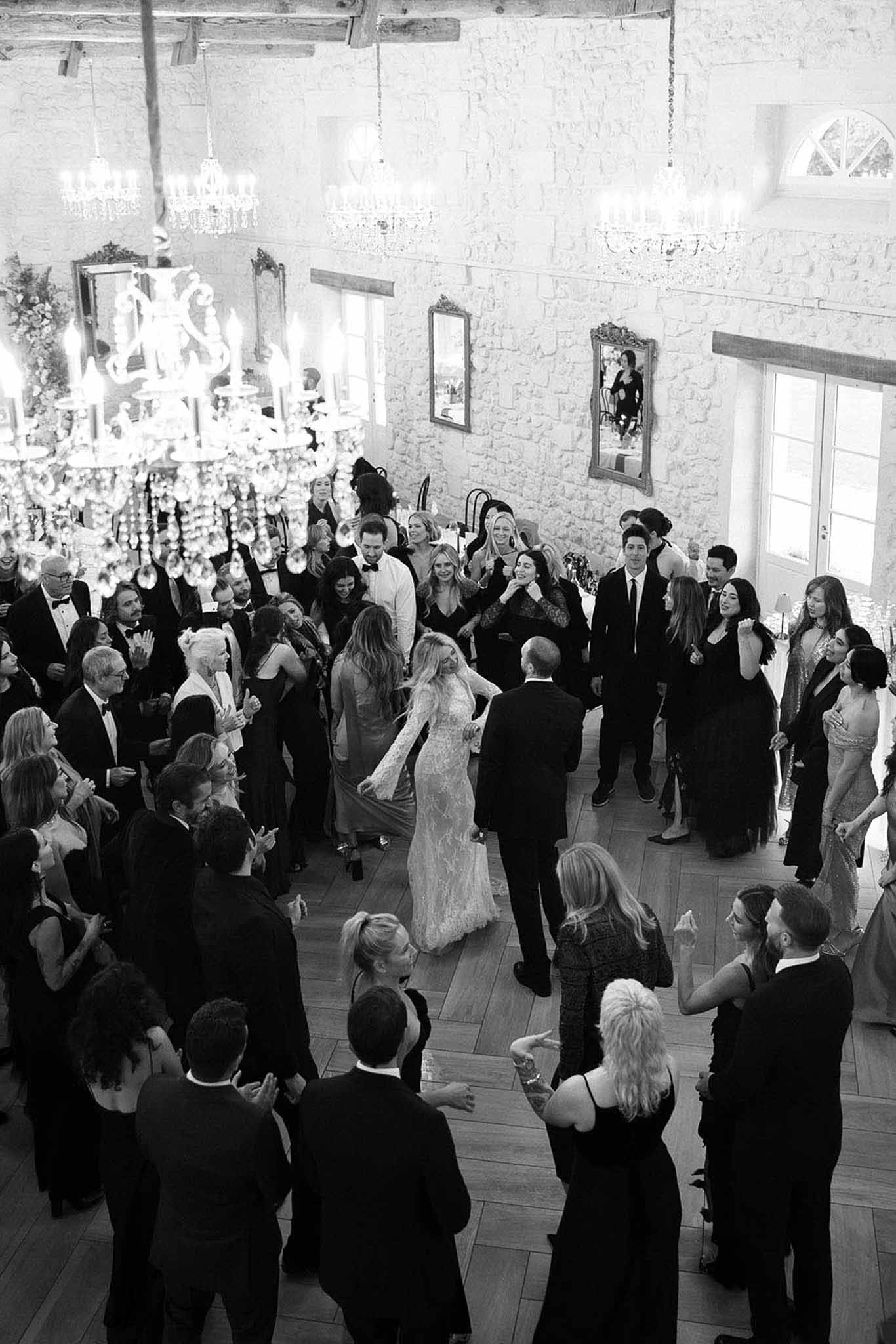 Black and white photo of wedding reception room