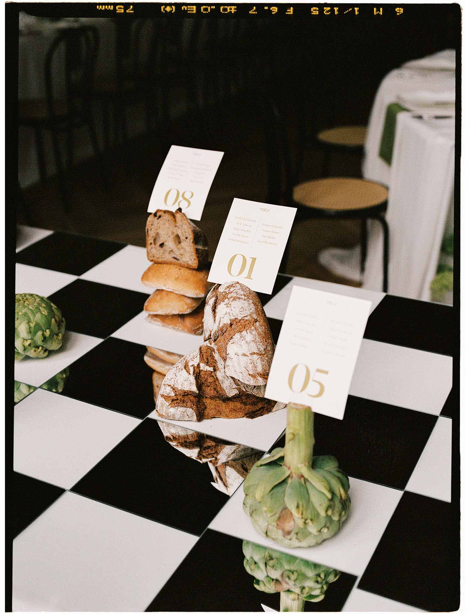 Black and white photo of reception table details
