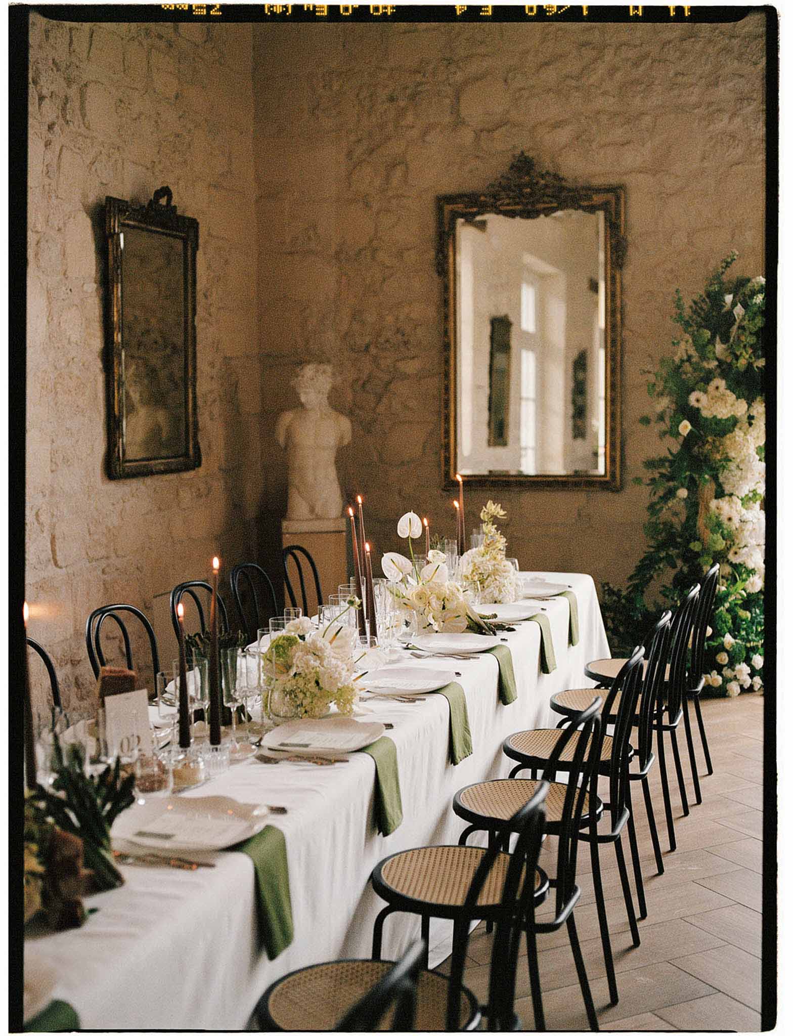 Wedding reception table setting with hydrangeas