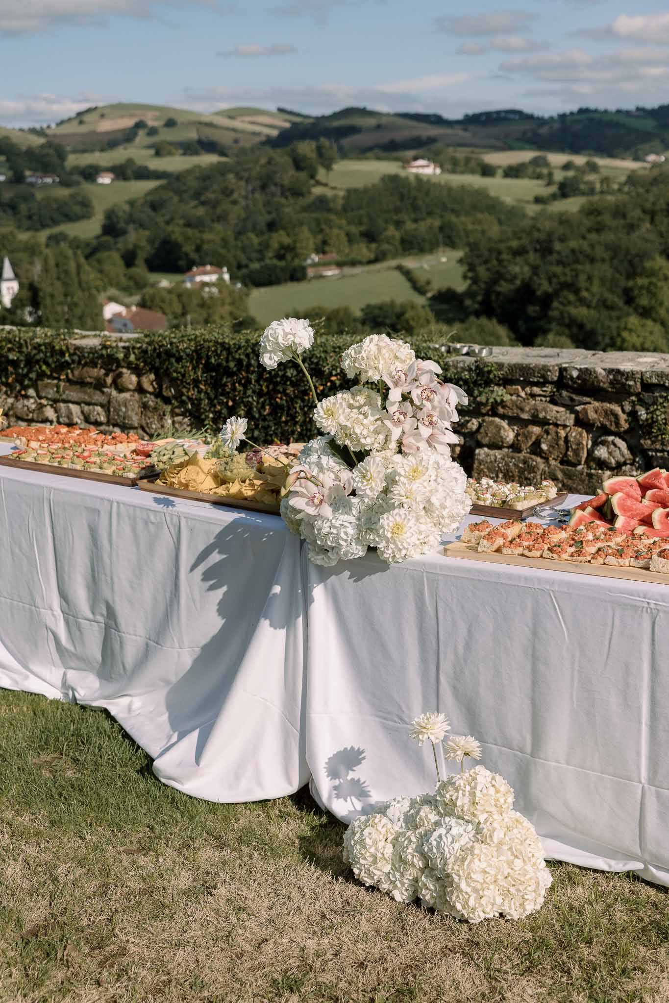 Outdoor cocktail hour canape table with white hydrangea arrangement, bruschetta, and hillside view