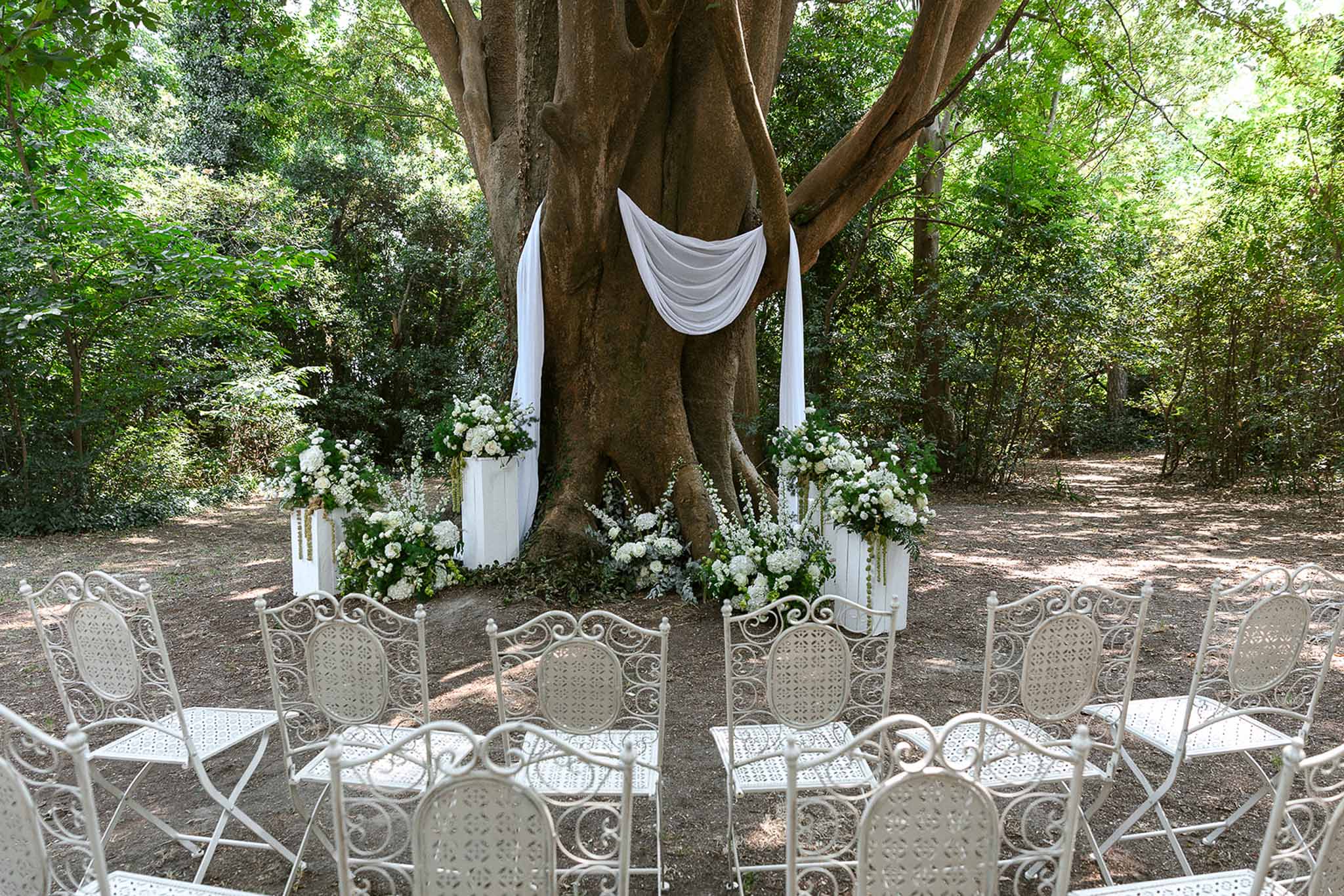 White draped ceremony altar beneath ancient tree with hydrangea arrangements and wrought-iron chairs on lawn