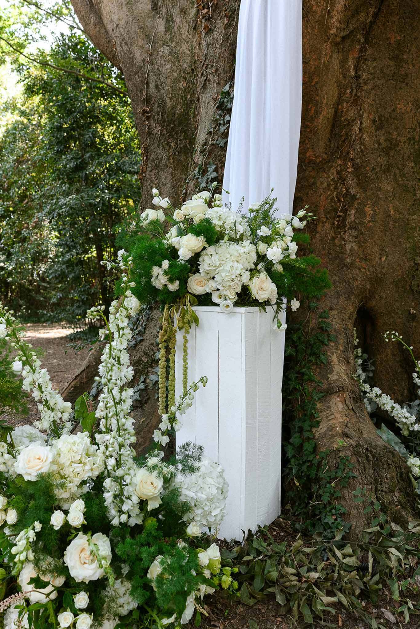 Ceremony floral installation with ivory roses, white hydrangeas, and trailing greenery on white pedestal at tree base