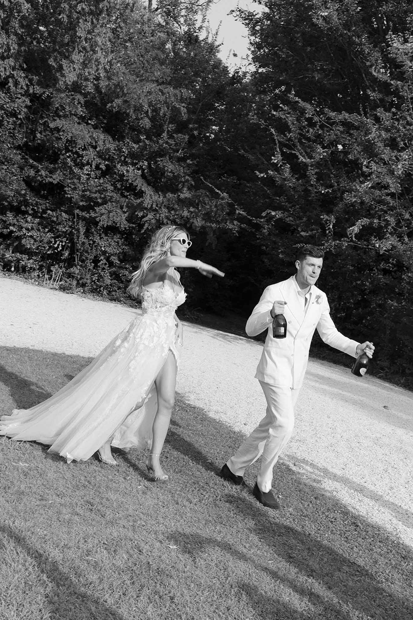 Black and white photo of wedding reception room