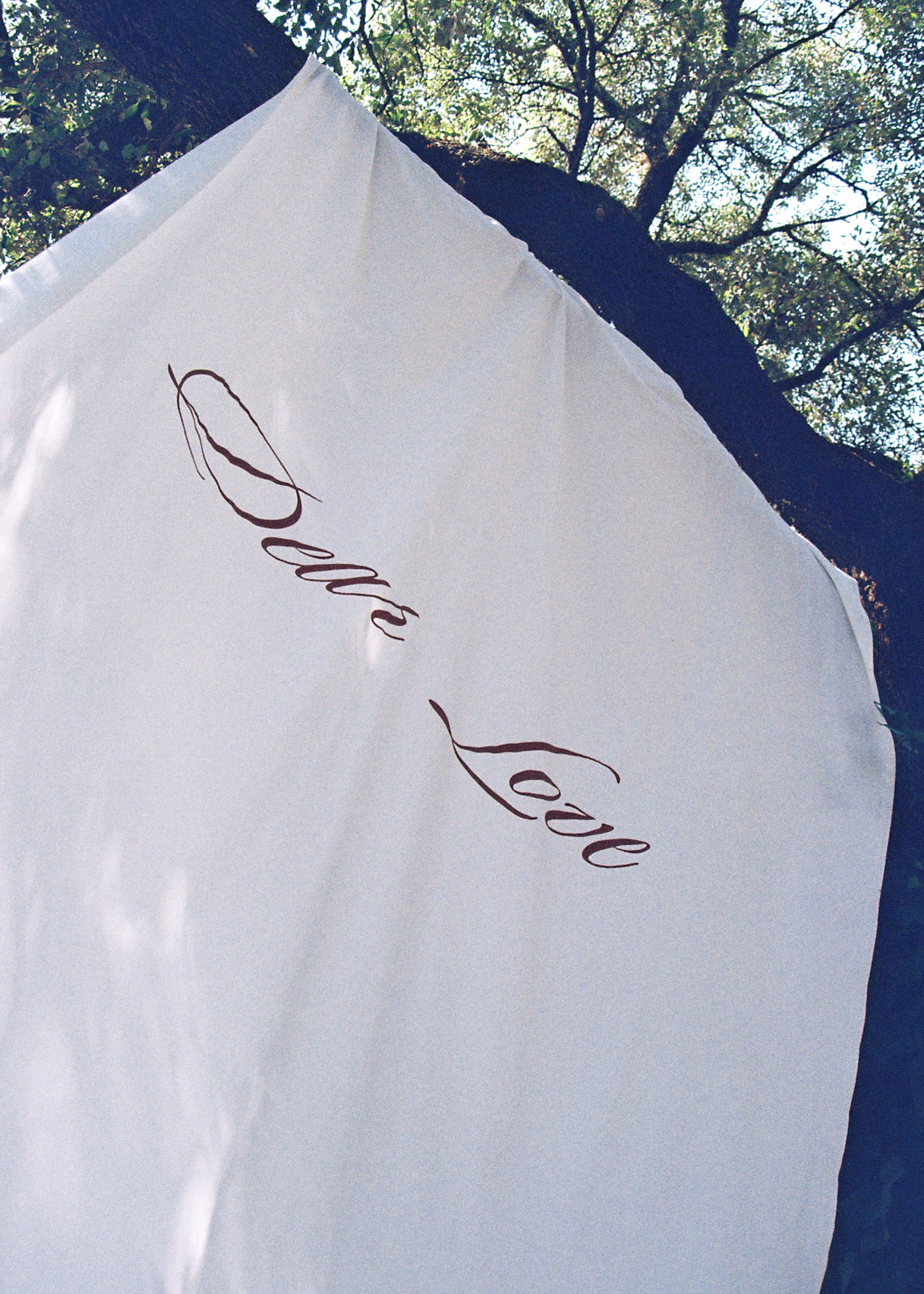 White fabric panel with hand-lettered burgundy calligraphy script displayed outdoors against tree branches