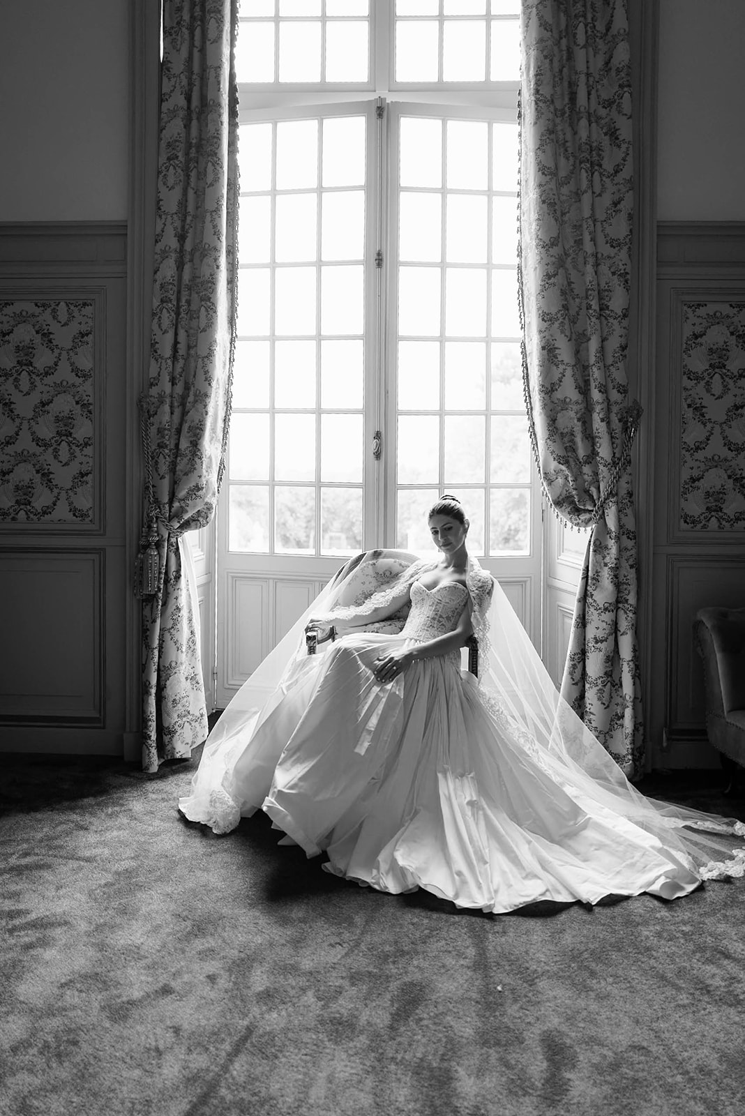 Black and white photo of bridal portrait