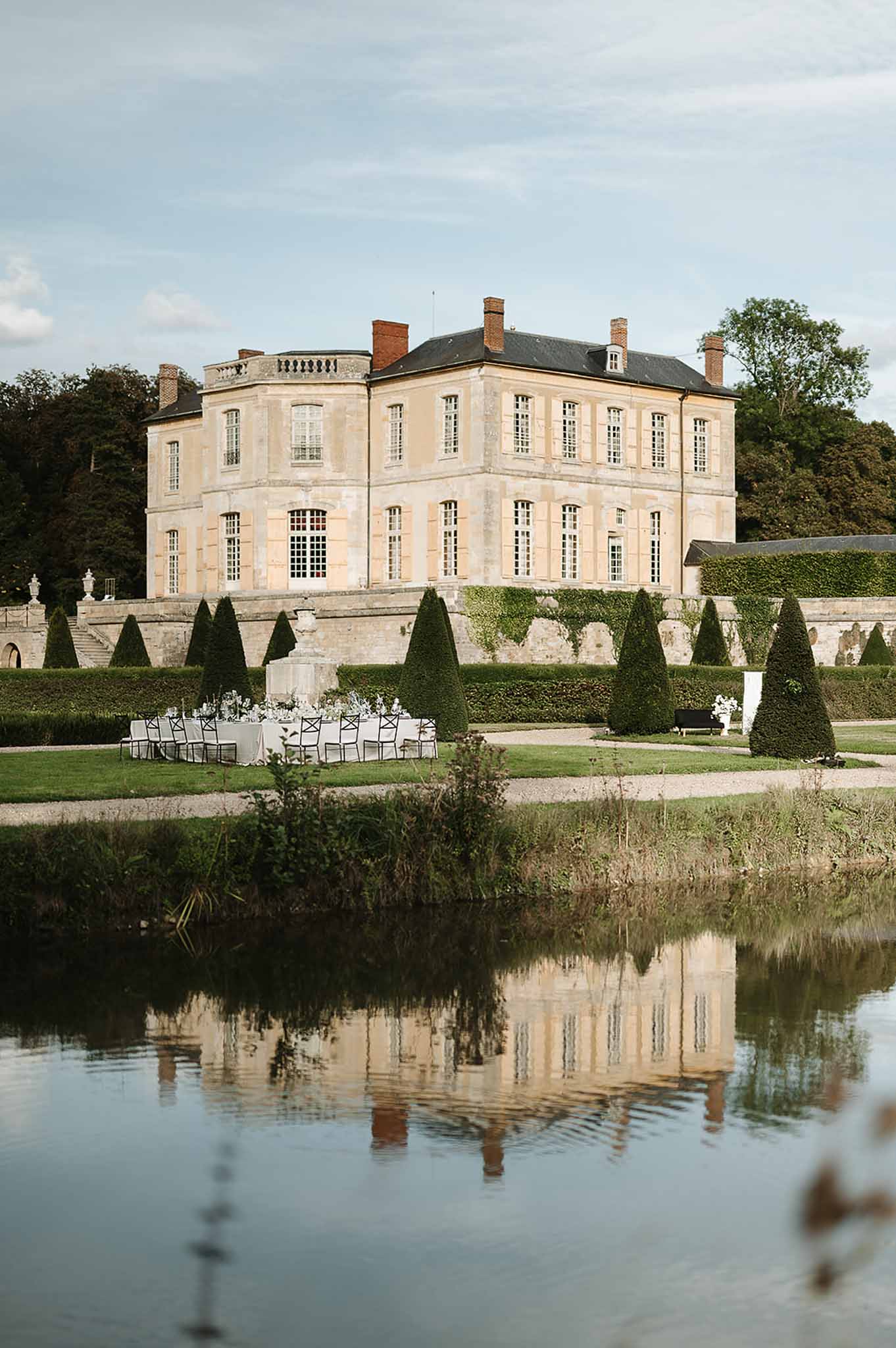 Wedding reception table setting in a garden