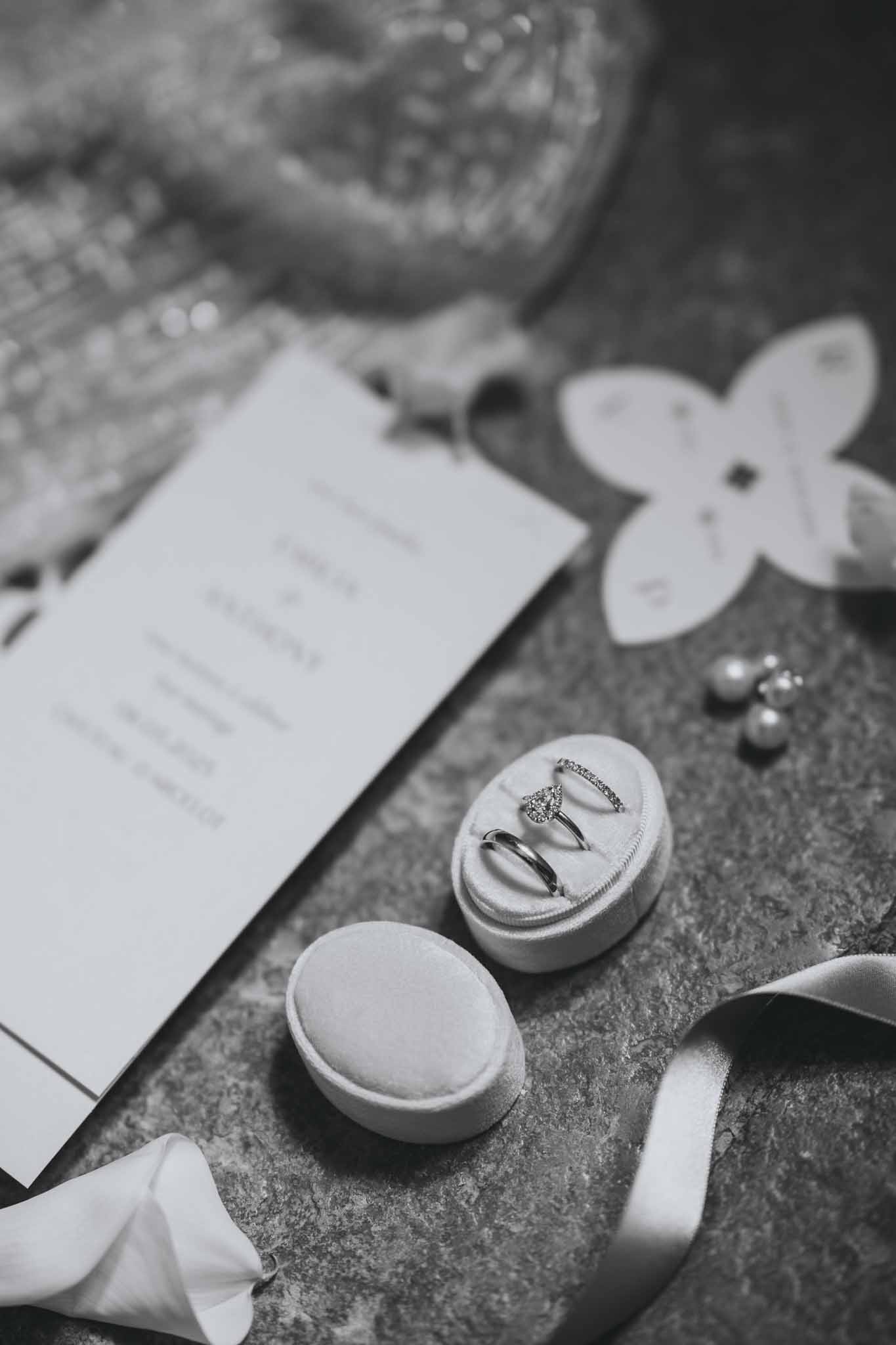 Black and white flatlay of wedding invitation suite