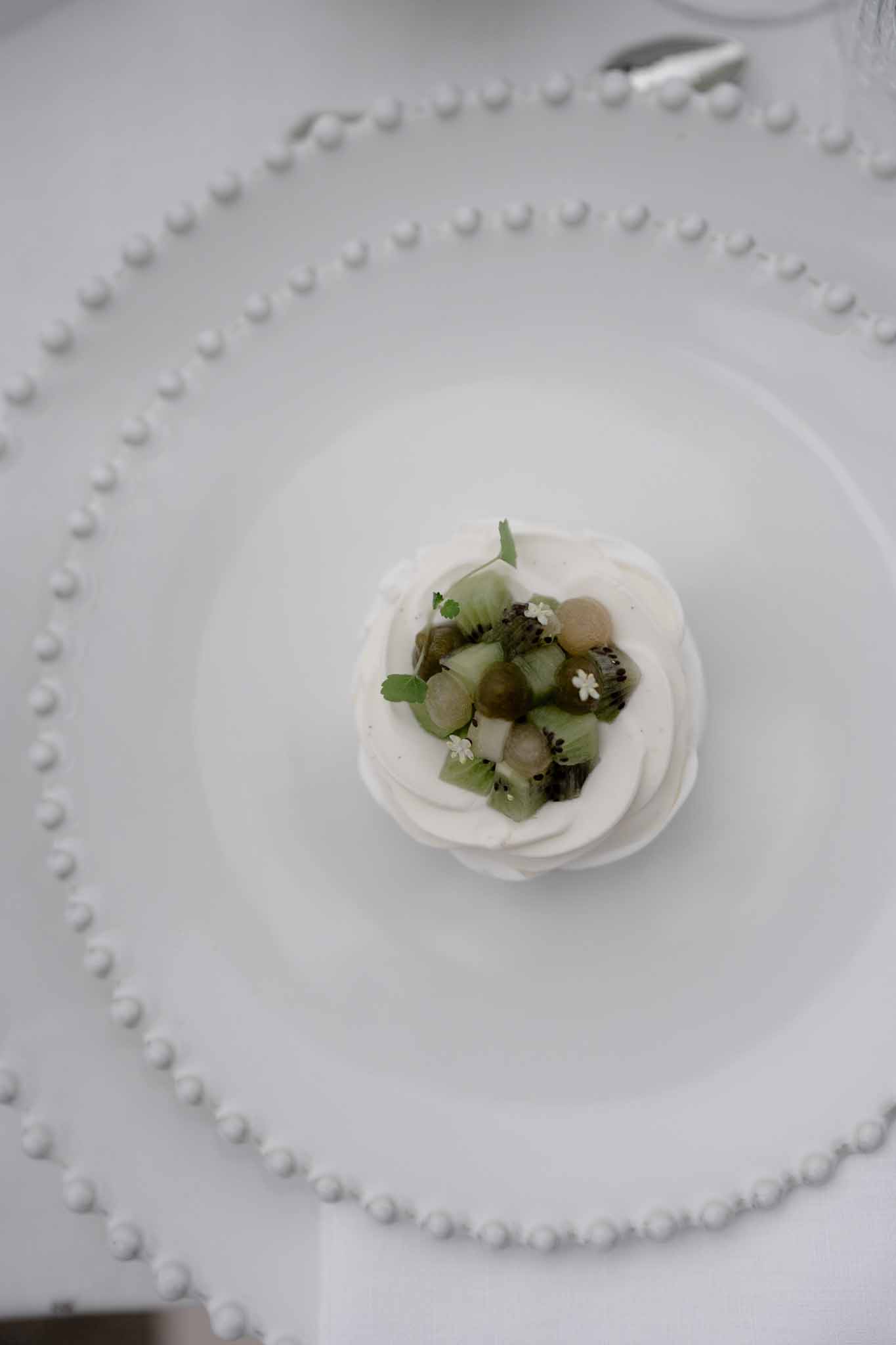 Overhead view of plated food on white reception plate