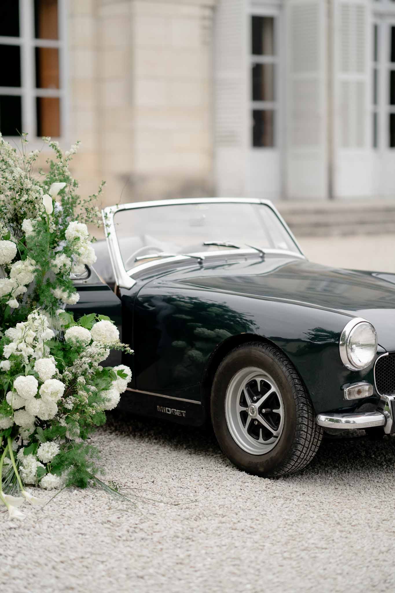 Aerial detail of black vintage car at Chateau d'Arcelot