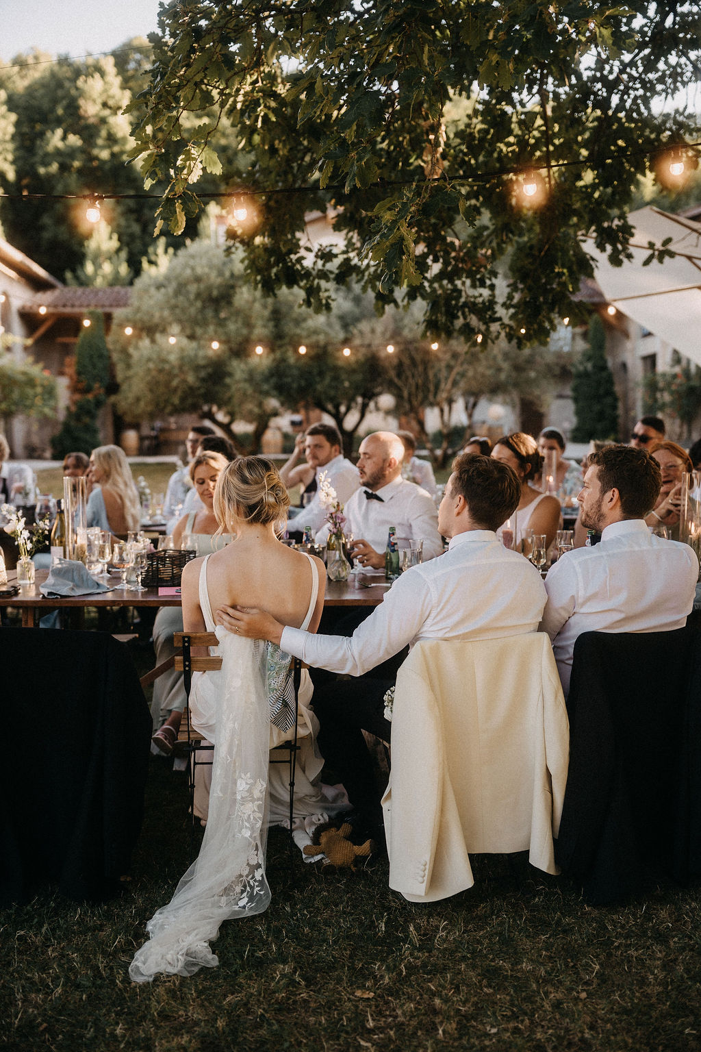 Wedding reception room in the French countryside with white roses