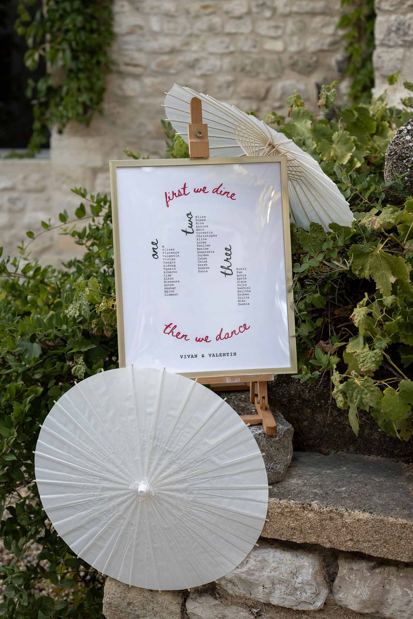 Reception menu card with decorative umbrella styling at place setting