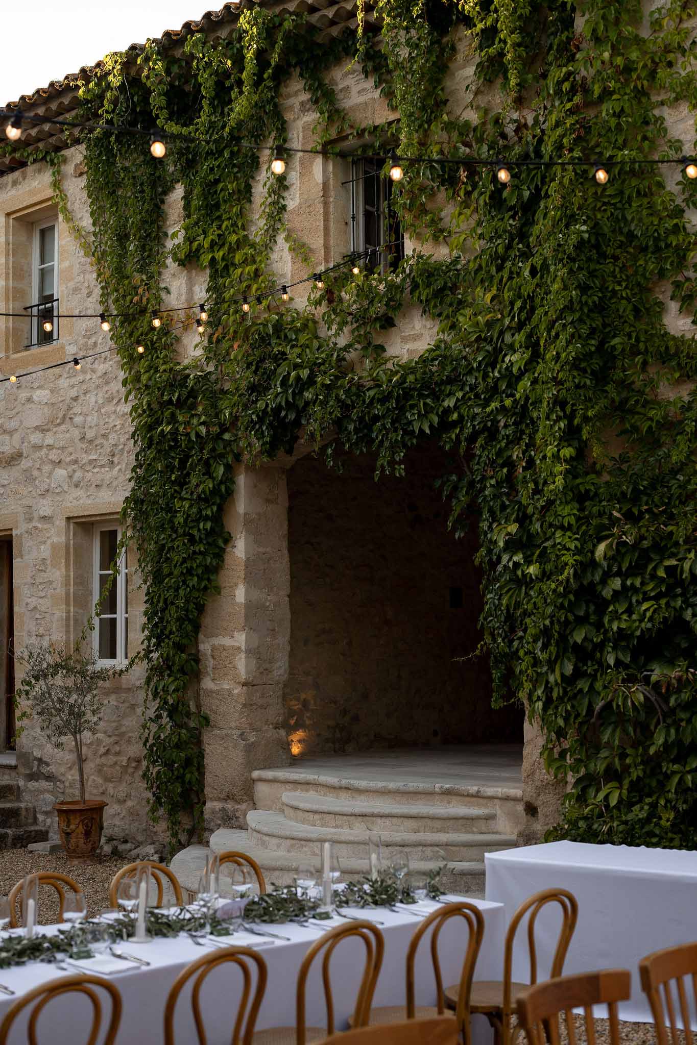 Exterior view of Prieuré Notre-Dame de Conil — historic Provençal bastide during evening reception