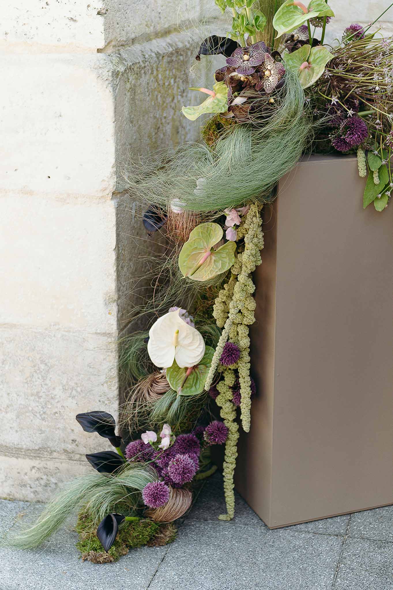 Wild flower and plant floral decor at the reception at Domaine de Perrotin