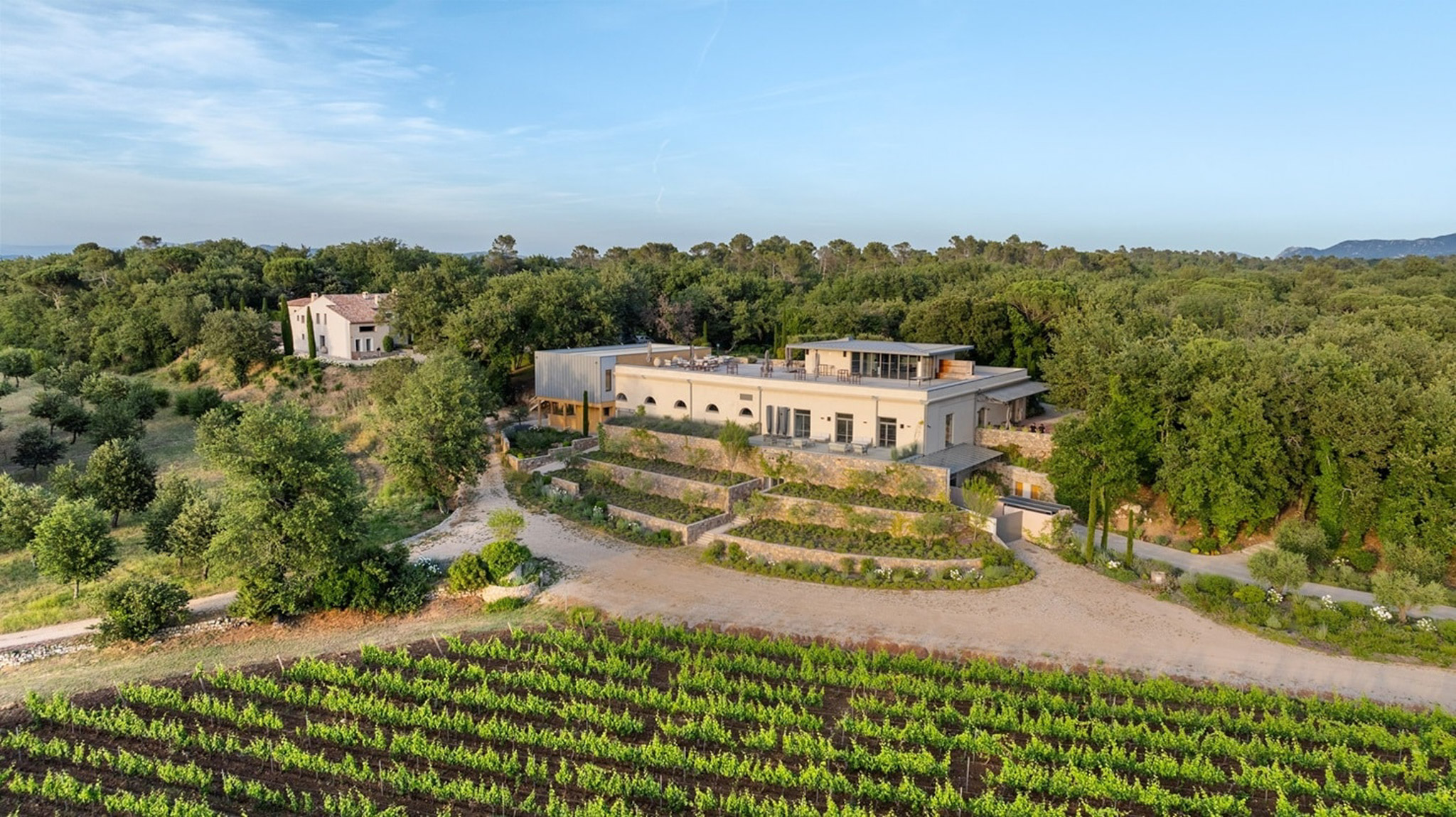 Aerial wide shot of a contemporary Provençal venue complex set within a wooded landscape in the south of France. The main building features a flat-roofed modern structure with arched lower-level openings, a rooftop terrace furnished with outdoor seating, and warm cream-toned render, while a traditional mas with a terracotta roof sits on a rise to the left. The property includes terraced garden beds with stone retaining walls, a gravel driveway with a curved approach, and a secondary outbuilding to the right. Rows of a working vineyard are visible in the foreground, and dense woodland frames the entire estate on all sides. Potential venue feature image.