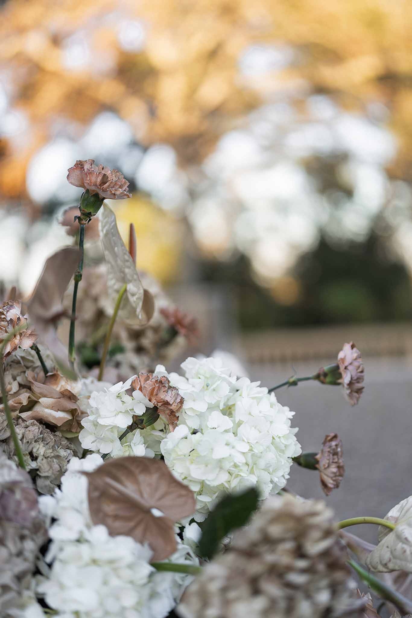 Dried floral arrangement with hydrangeas and anthurium at Chateau du Terral wedding